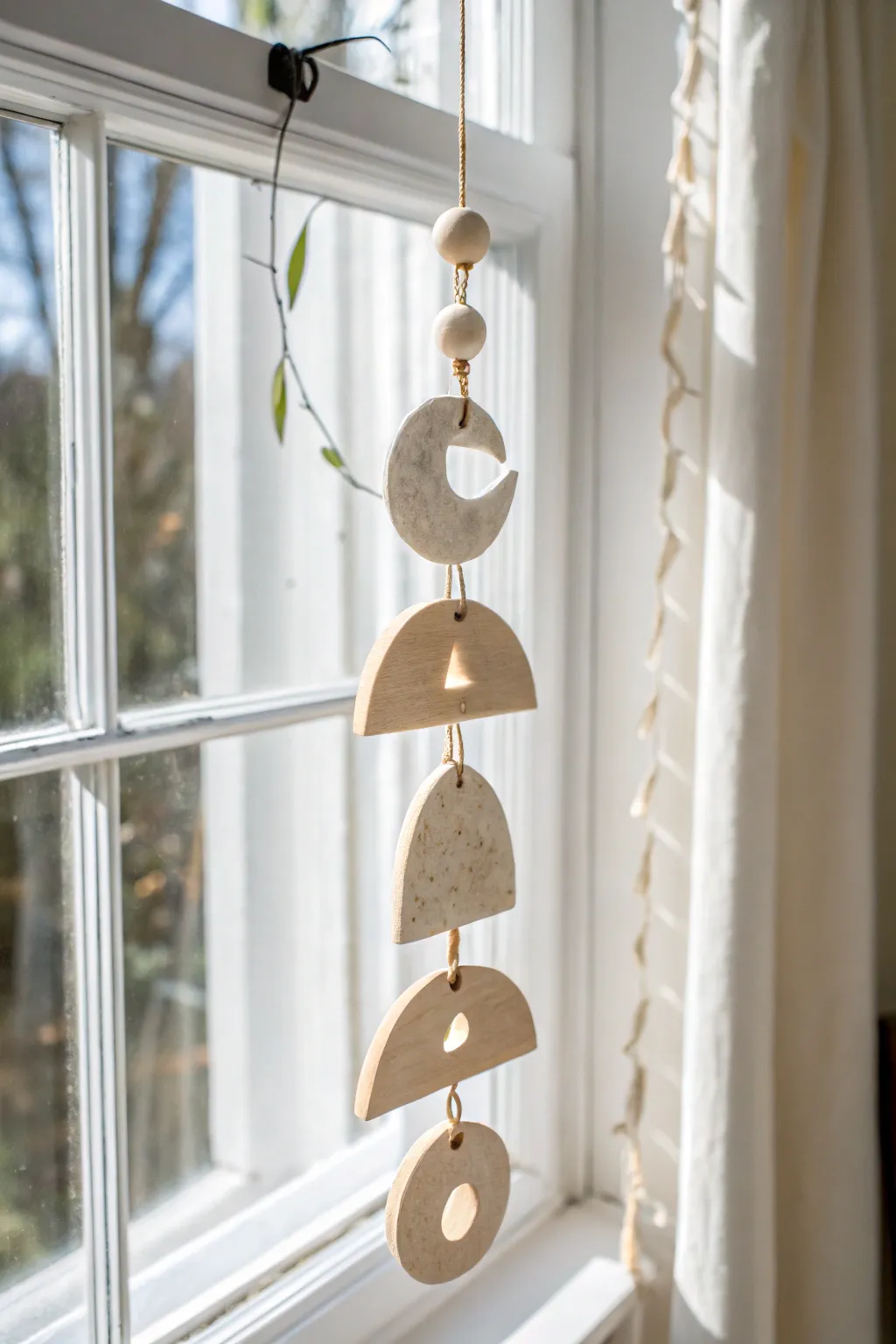 Minimal air-dry clay suncatcher catching soft sunlight, casting calm boho shadows by the window.