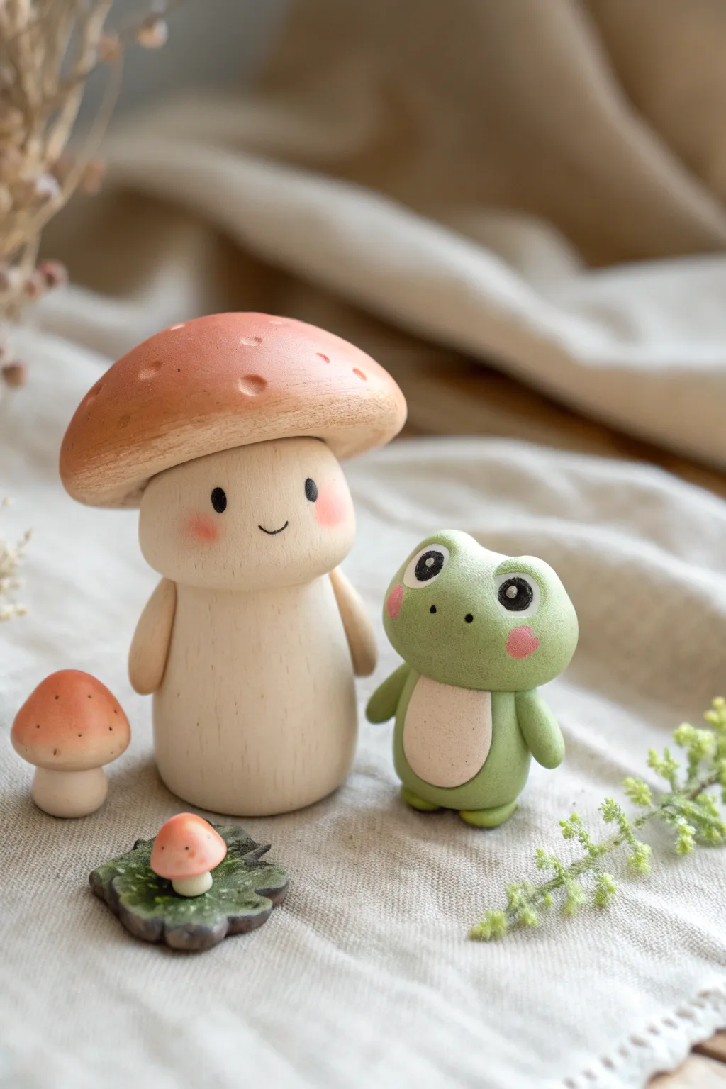 Adorable clay mushroom and frog duo in earthy tones with a single pop of color