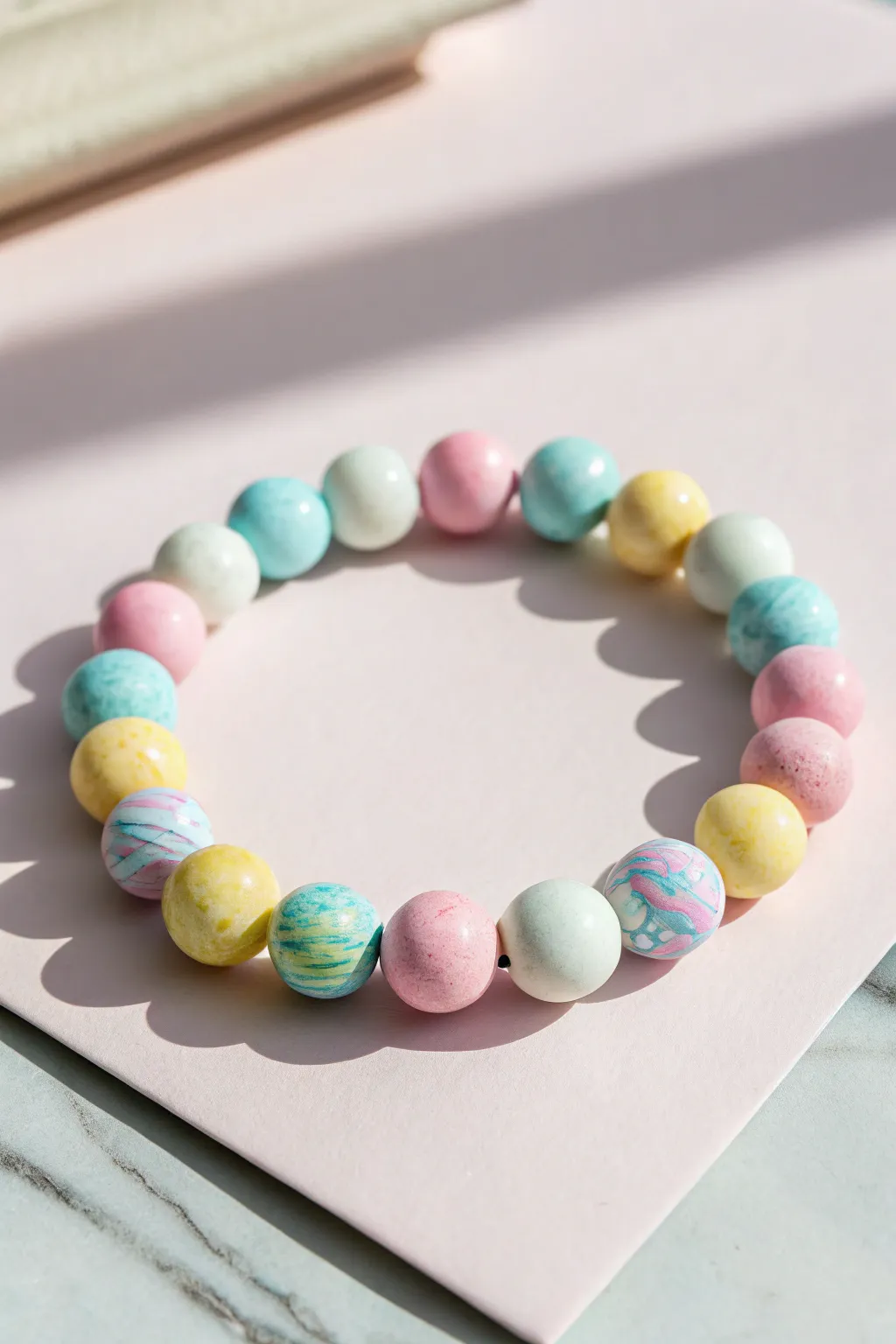 Soft pastel bracelet with marbled tie-dye swirl beads that look like tiny Easter eggs