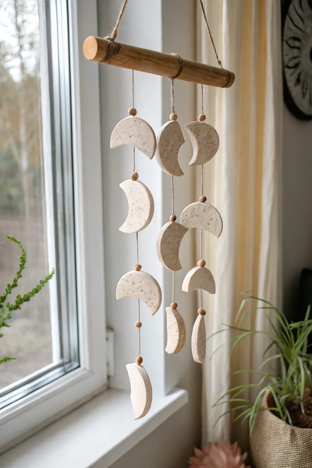 Minimal moon phase mobile in soft tones, a simple air-dry clay project with calm boho charm