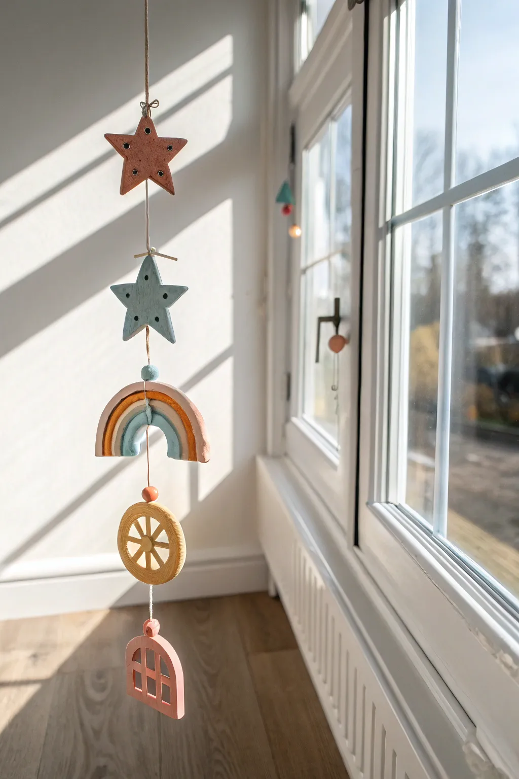 Bright air-dry clay suncatchers with cutouts, glowing by a sunny window for kid-friendly fun.