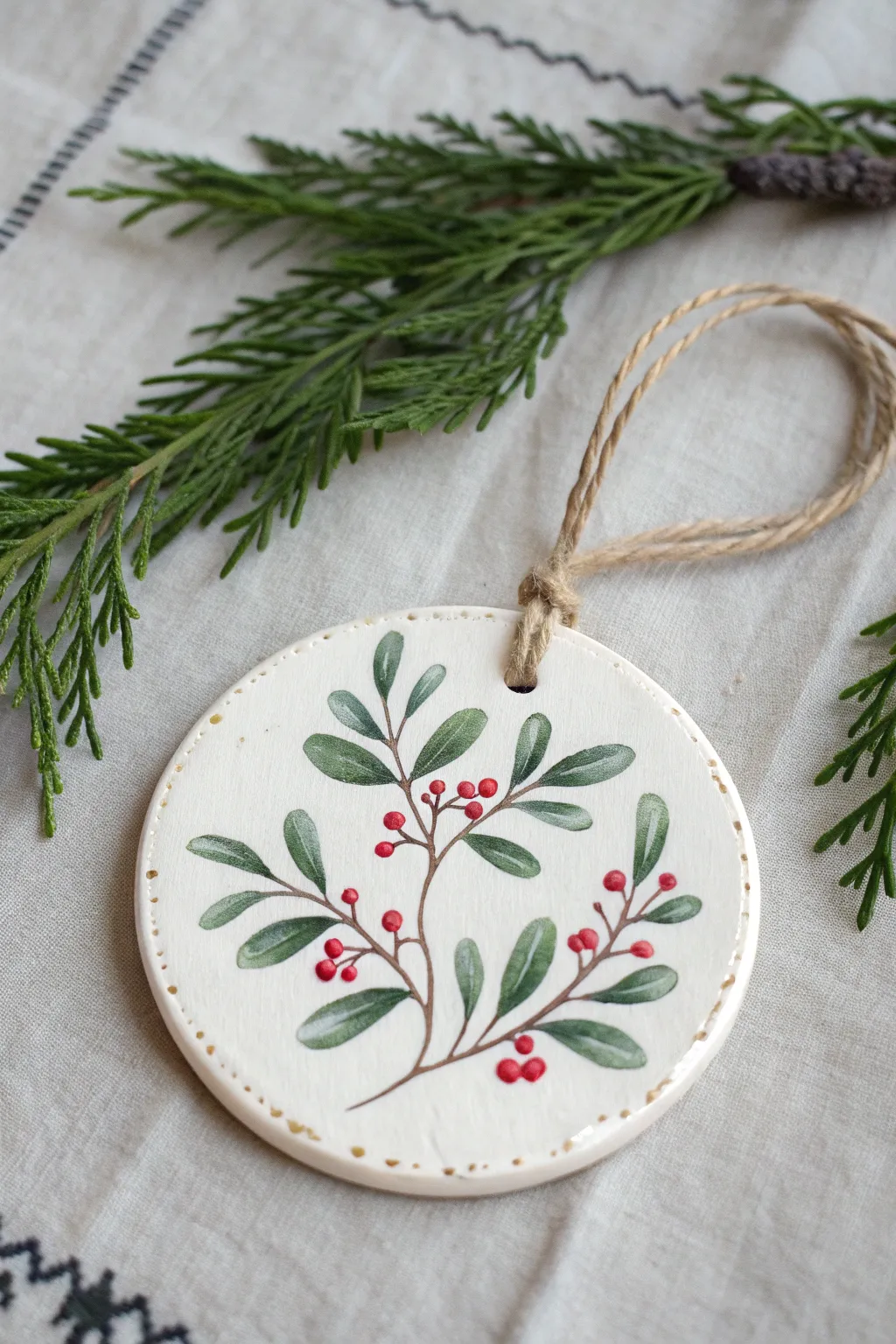 Simple air dry clay mistletoe medallion with holly leaves and berries, minimal and festive