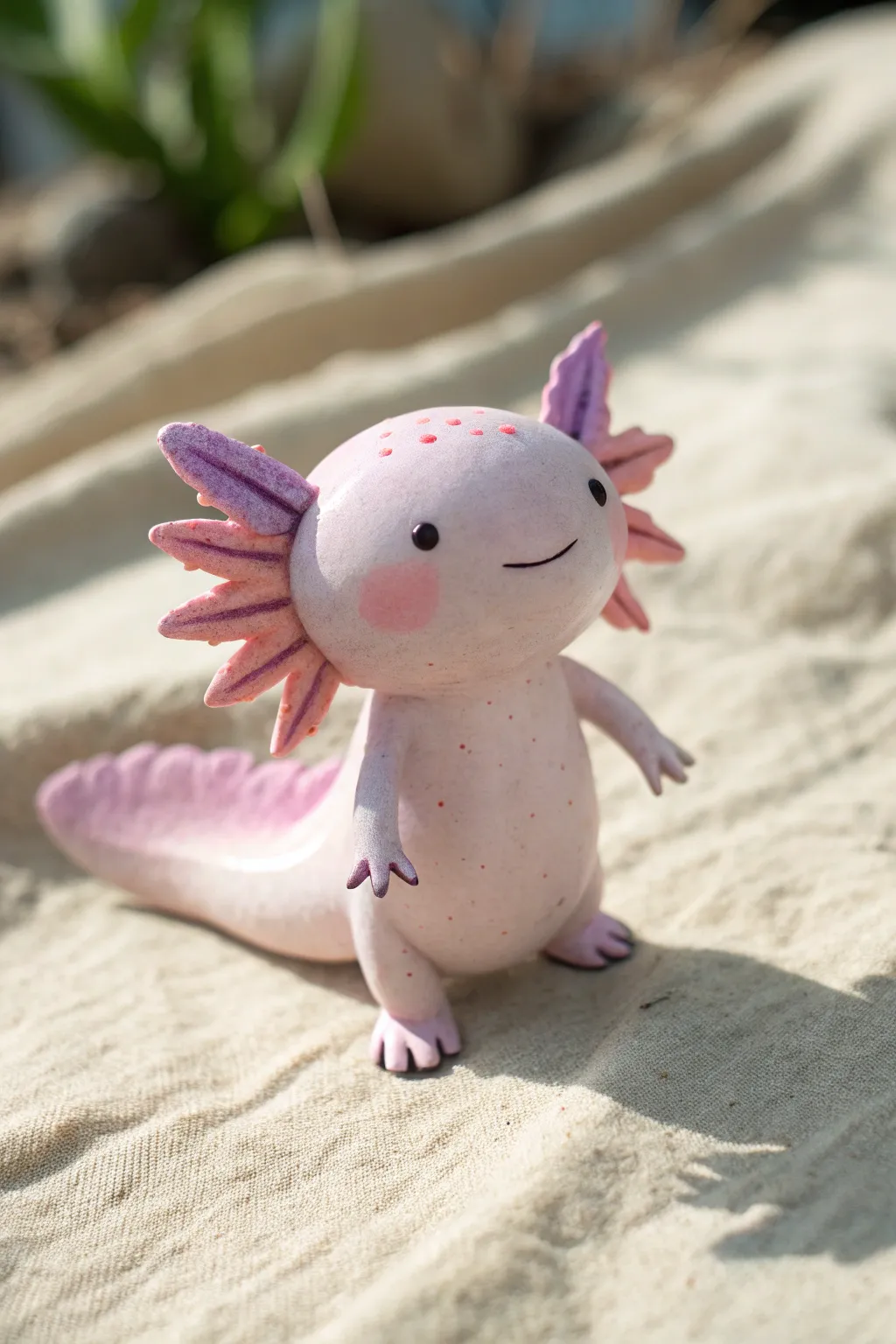 Pastel clay axolotl with simple frilly gills, minimal boho styling, and crisp natural contrast.