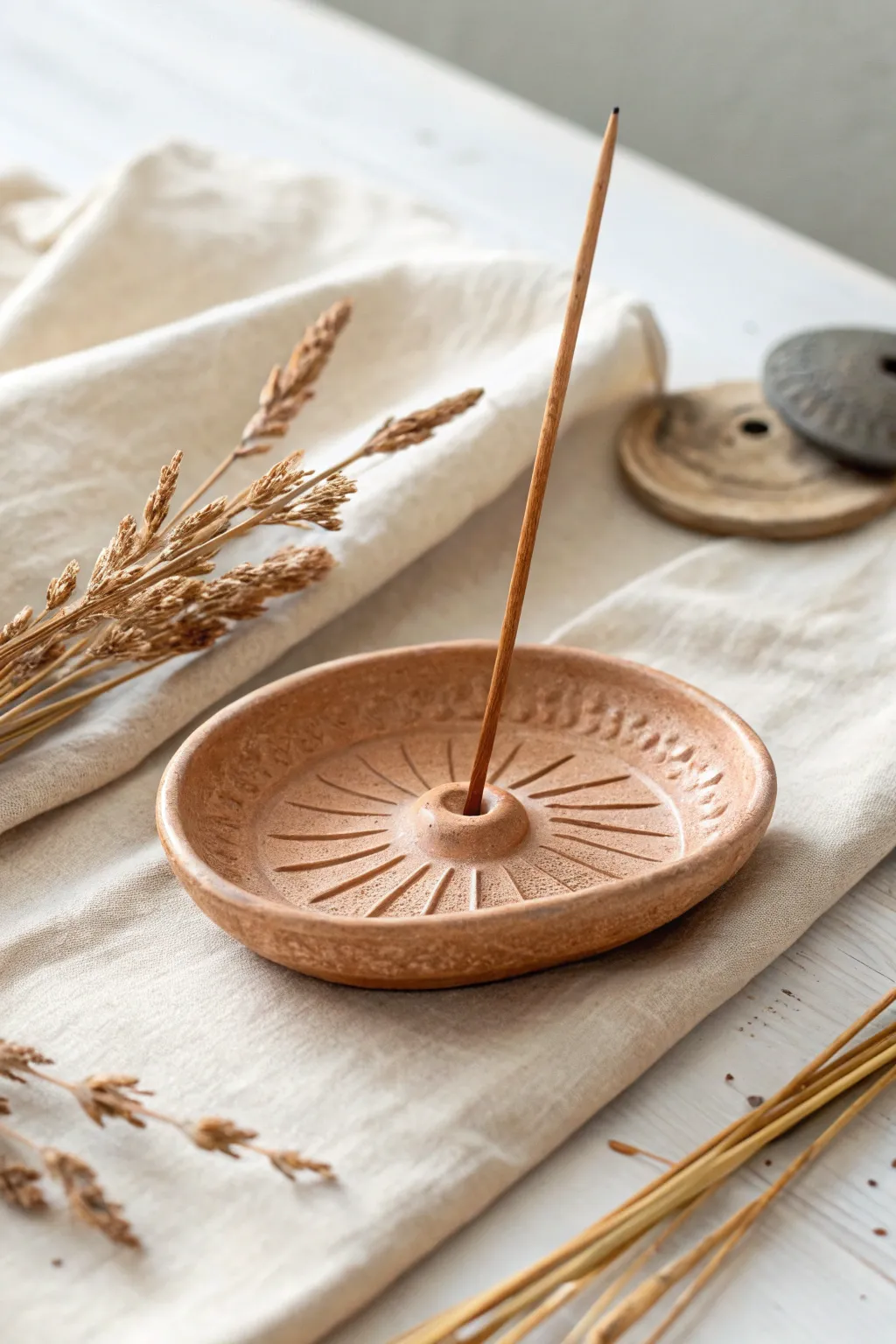 Minimal air dry clay incense dish with carved grooves and an unlit stick, calm beginner DIY decor