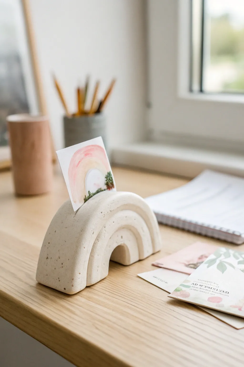 Easy air dry clay note holder for kids, minimalist arch design with a clean, bright desk vibe