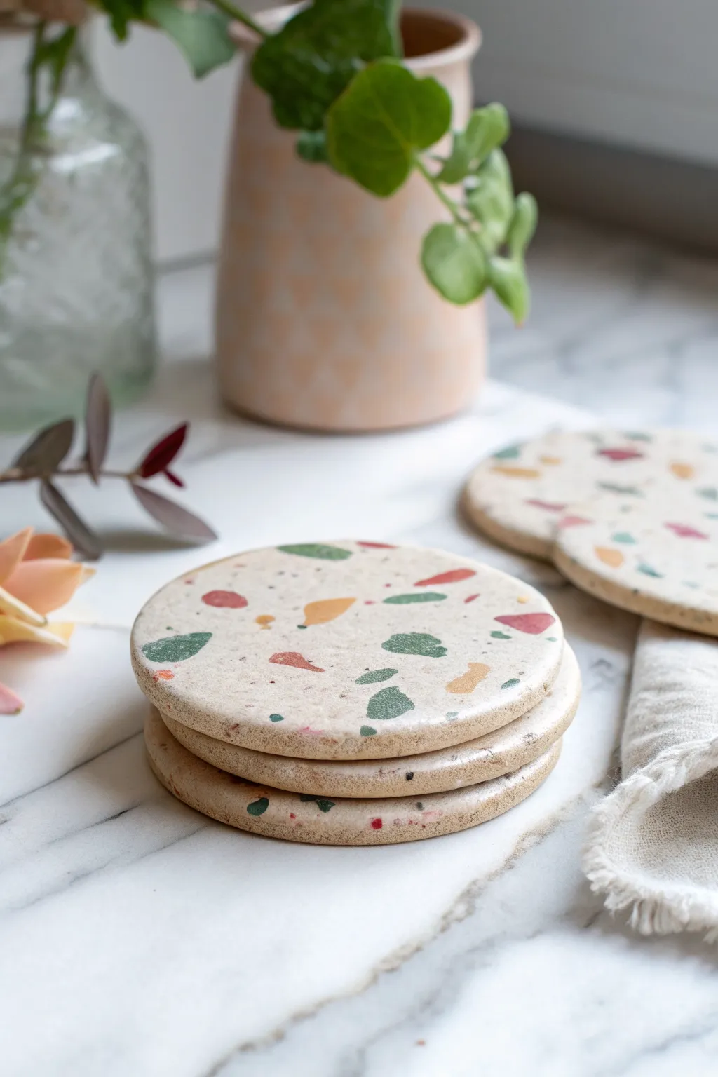 DIY terrazzo bake-clay coasters in soft pastels, stacked chicly on cool marble for inspo.