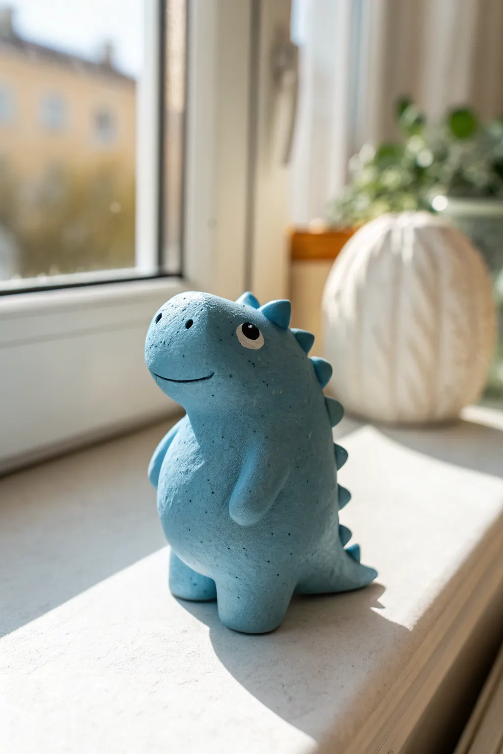 Chubby blue clay dino with tiny legs and back bumps, a simple cute desk buddy for beginners.