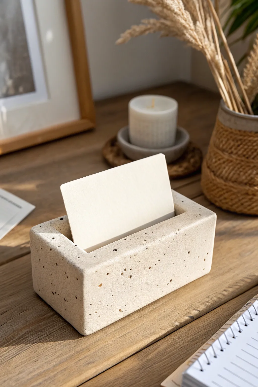 Simple ceramic photo stand with a clean slot, styled with soft candlelight and a small plant.