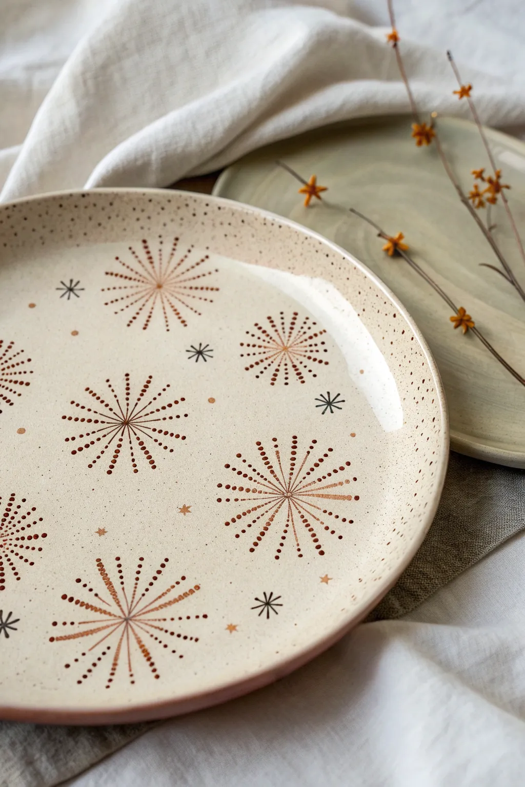 Playful starburst dots on a minimalist plate, perfect for easy ceramic painting at home.