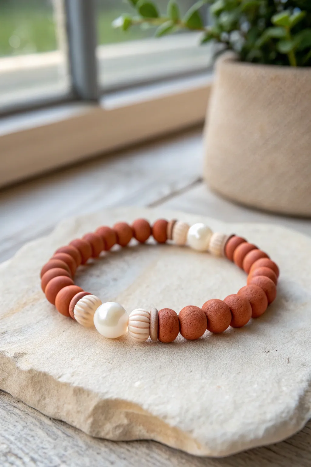 Pearl-and-clay bracelet idea: matte beads paired with soft faux pearls for an easy dressed-up look