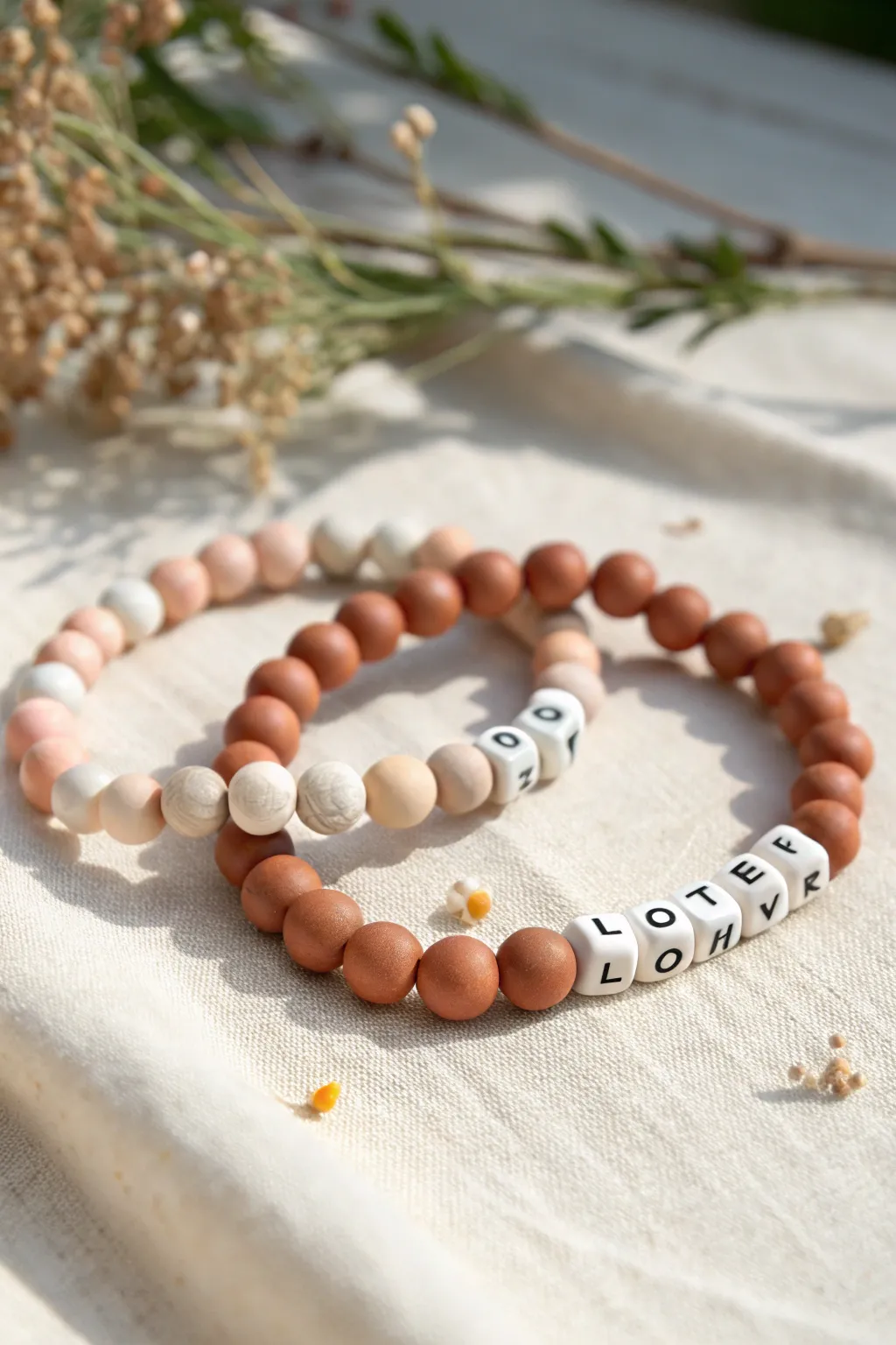 Sweet matching clay bead bracelets in soft neutrals, perfect easy DIY best-friend set