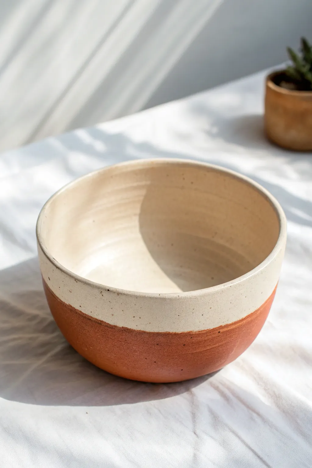 Minimal two-tone dip-dyed clay bowl in ivory and terracotta, simple and chic DIY decor
