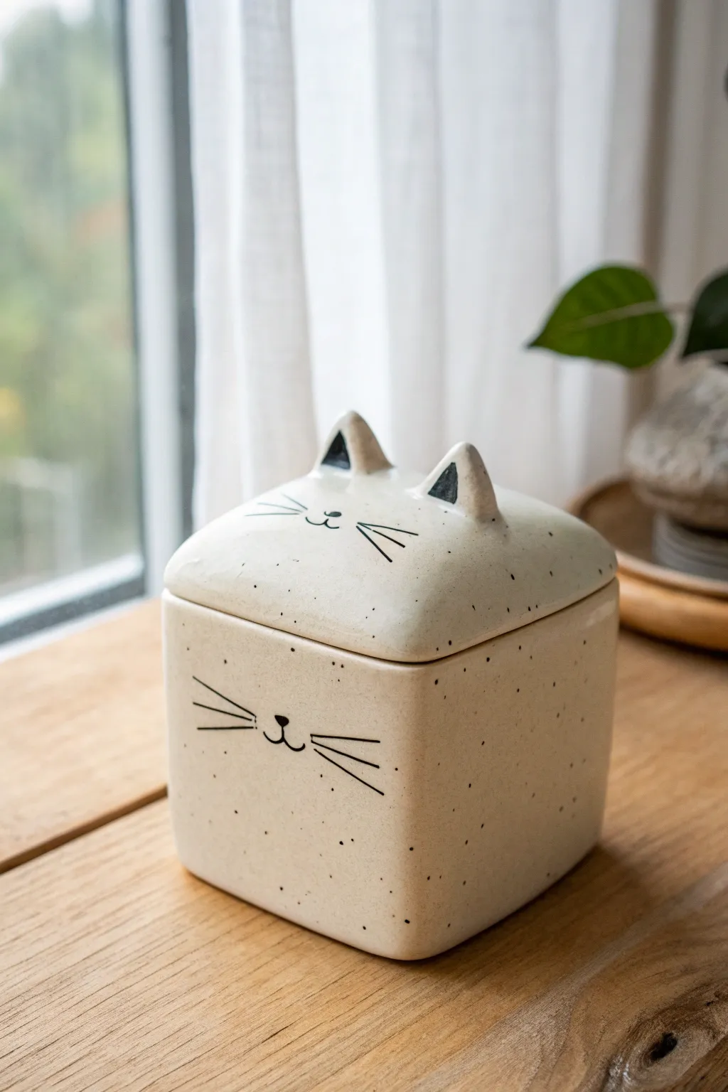 Minimal cat clay box with pointy ears, neutral glaze, and hand-drawn face for cute storage.