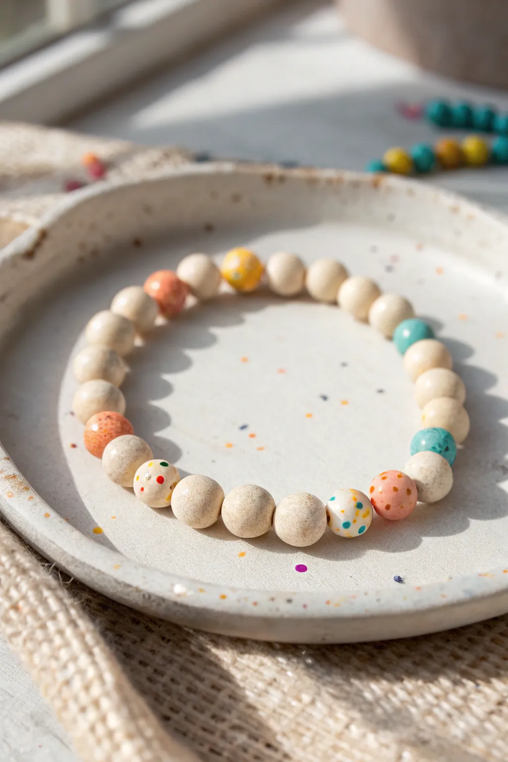 Neutral clay bead bracelet with playful confetti speckles, plus a second palette for inspiration.