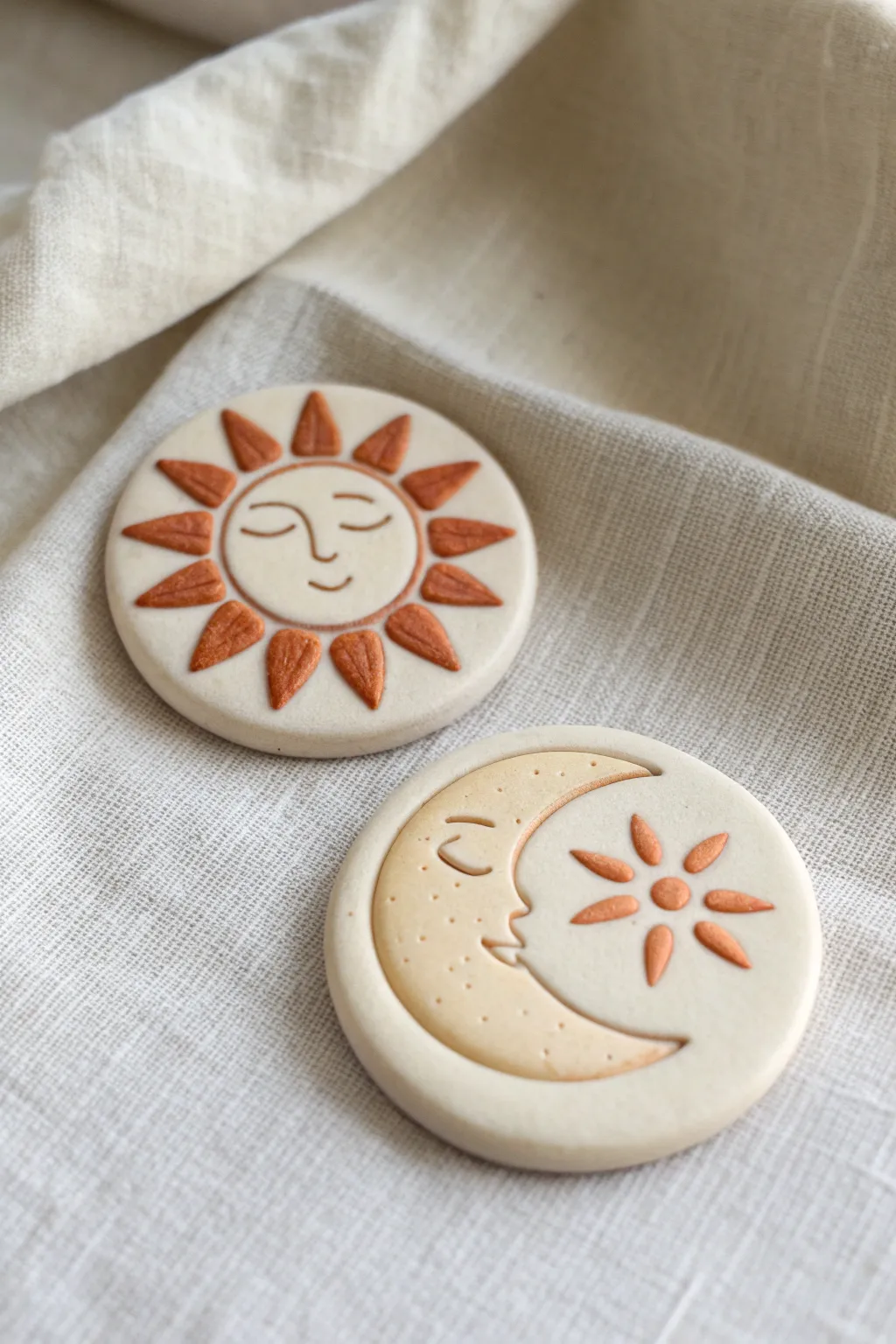 Sun and moon clay matching set in soft neutrals, a simple date-night project with cozy contrast