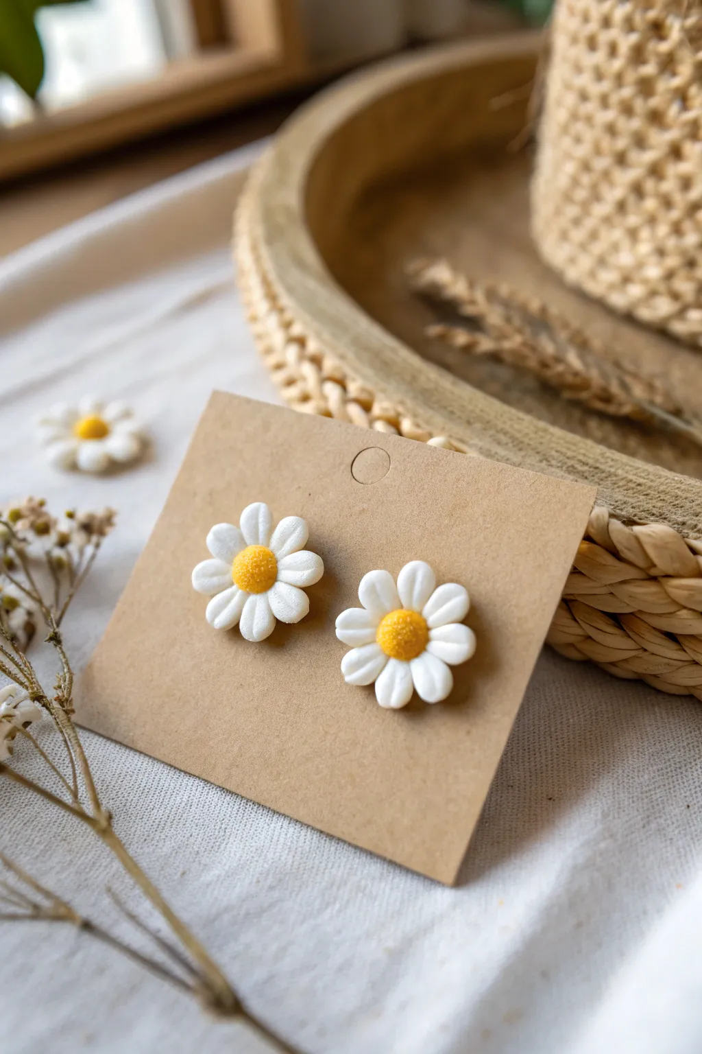 Sweet daisy clay studs on a minimal gift card, simple, bright, and perfectly handmade