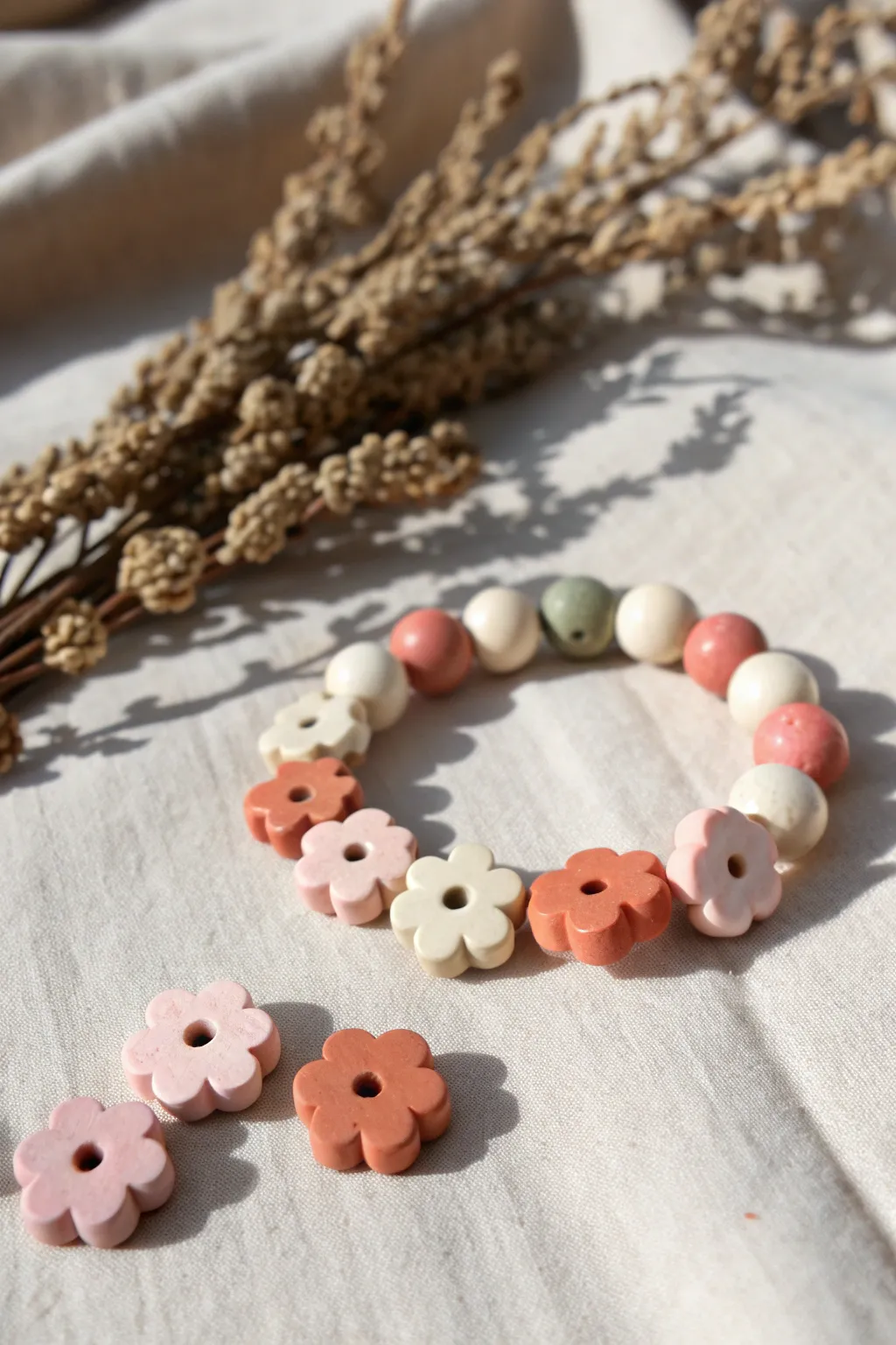 Simple chunky clay flower beads in soft pastel tones, perfect for an easy DIY bracelet.