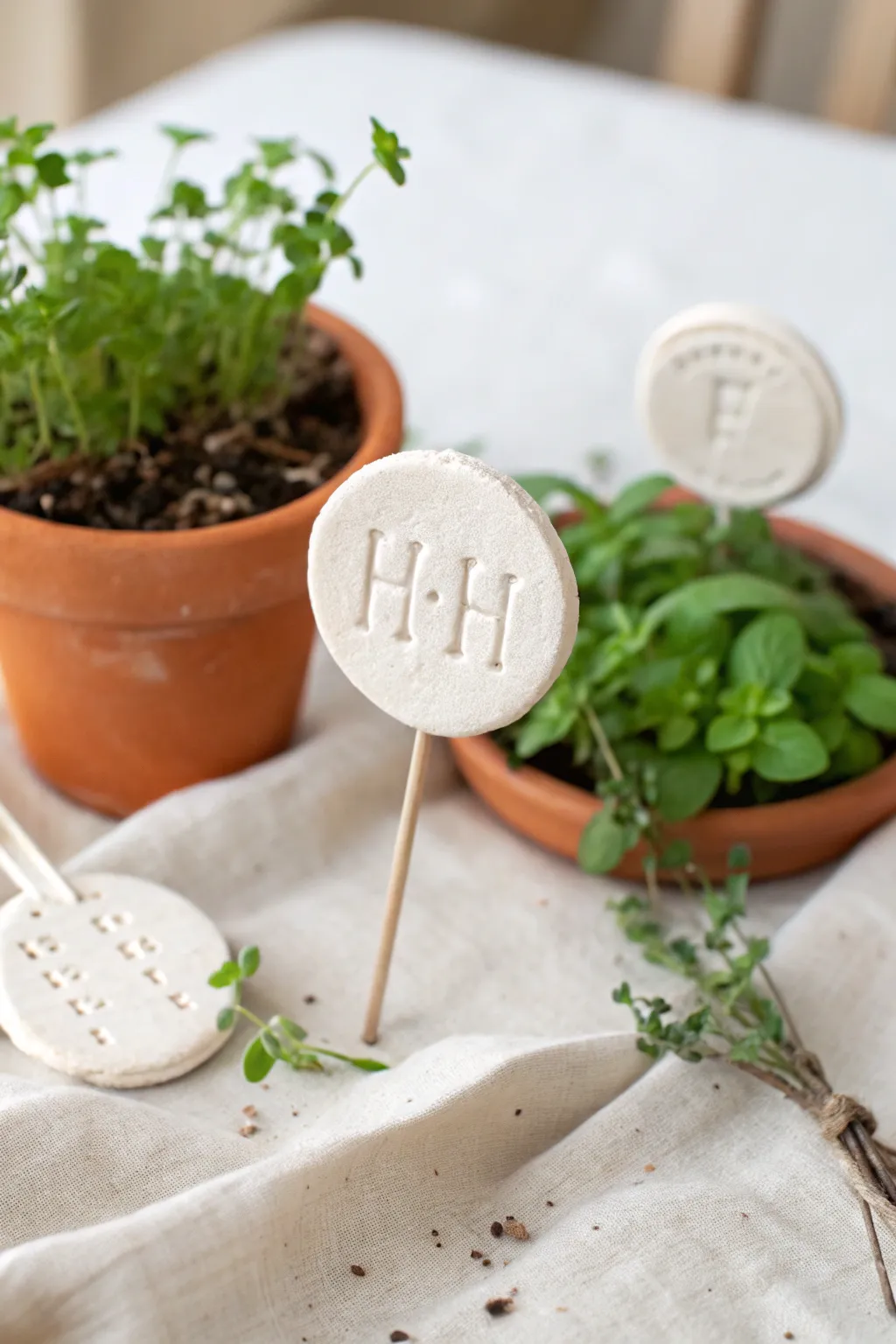 Minimal clay herb marker with stamped letters, styled beside a potted herb in soft daylight.