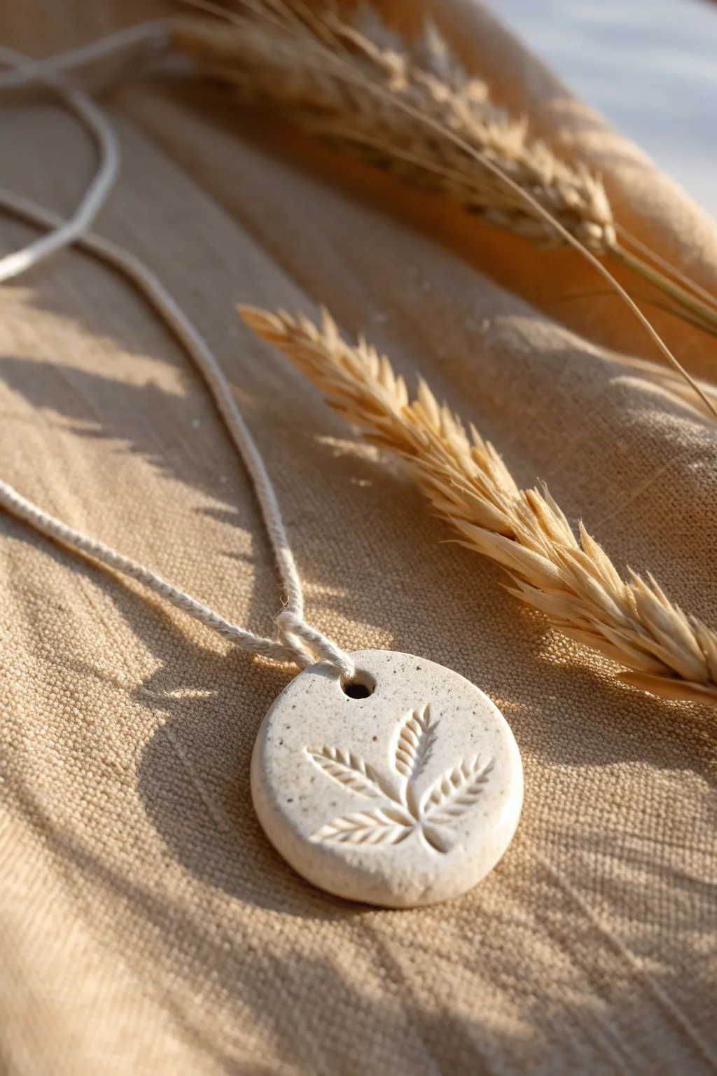 Textured clay pendant charm in soft neutrals, an easy adult DIY with minimalist boho style