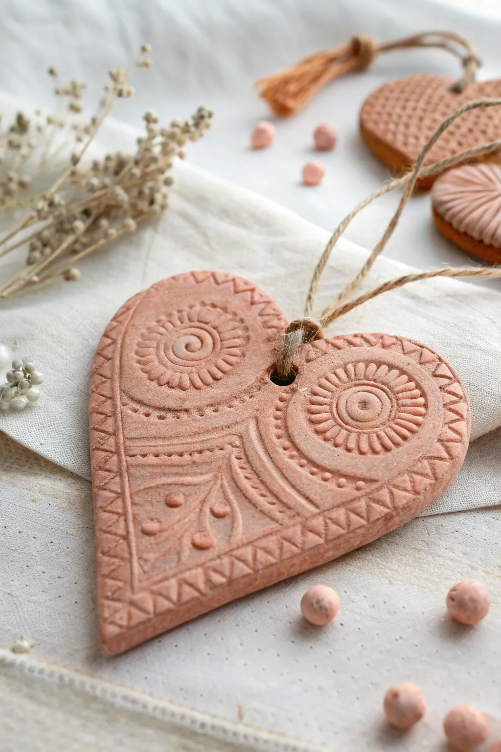 A clay heart with bead and button textures, a simple kid-friendly keepsake in soft pastels.