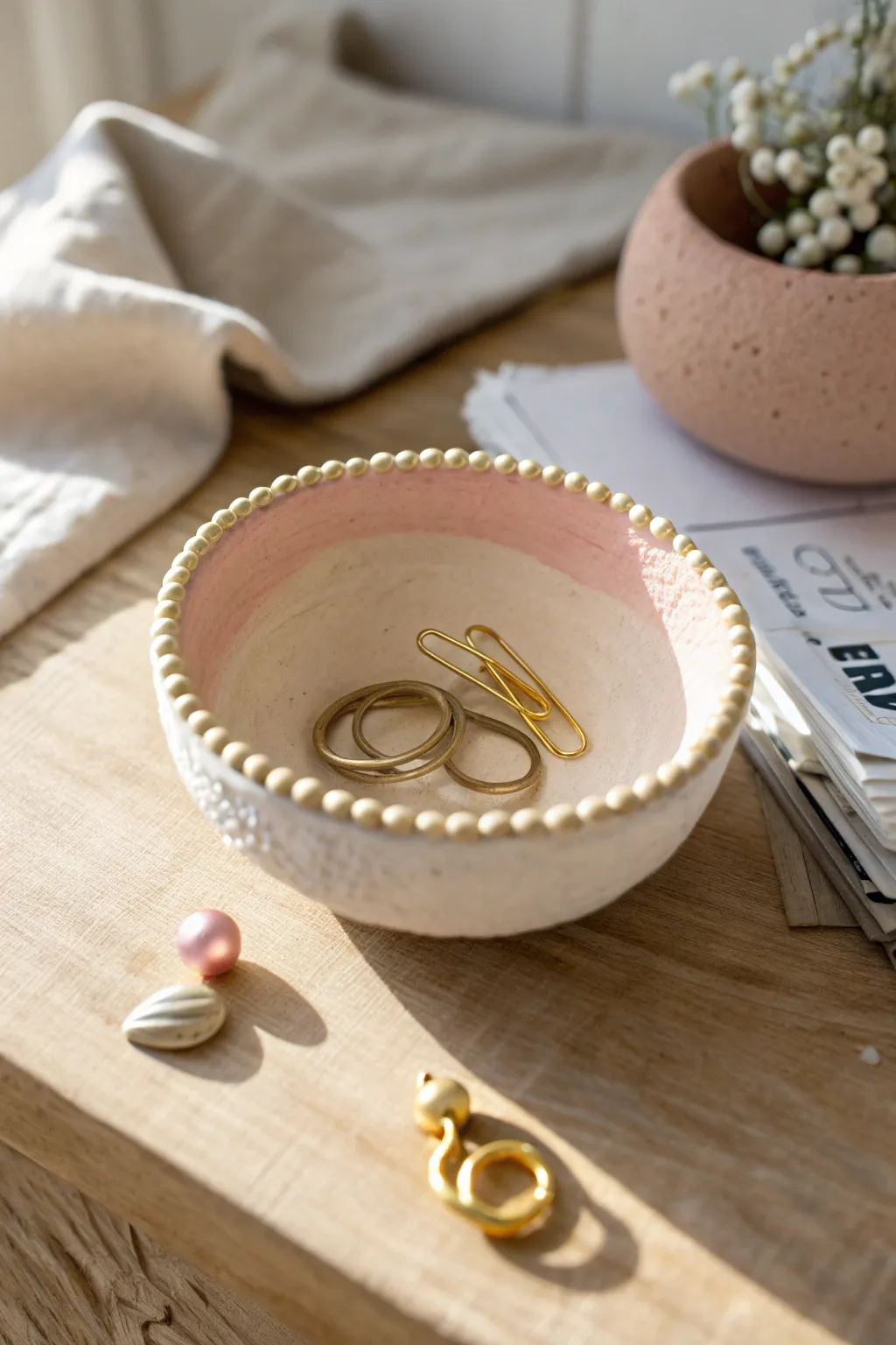 Tiny bead-rim trinket bowl in soft pastels, a minimalist catchall for clips or jewelry.