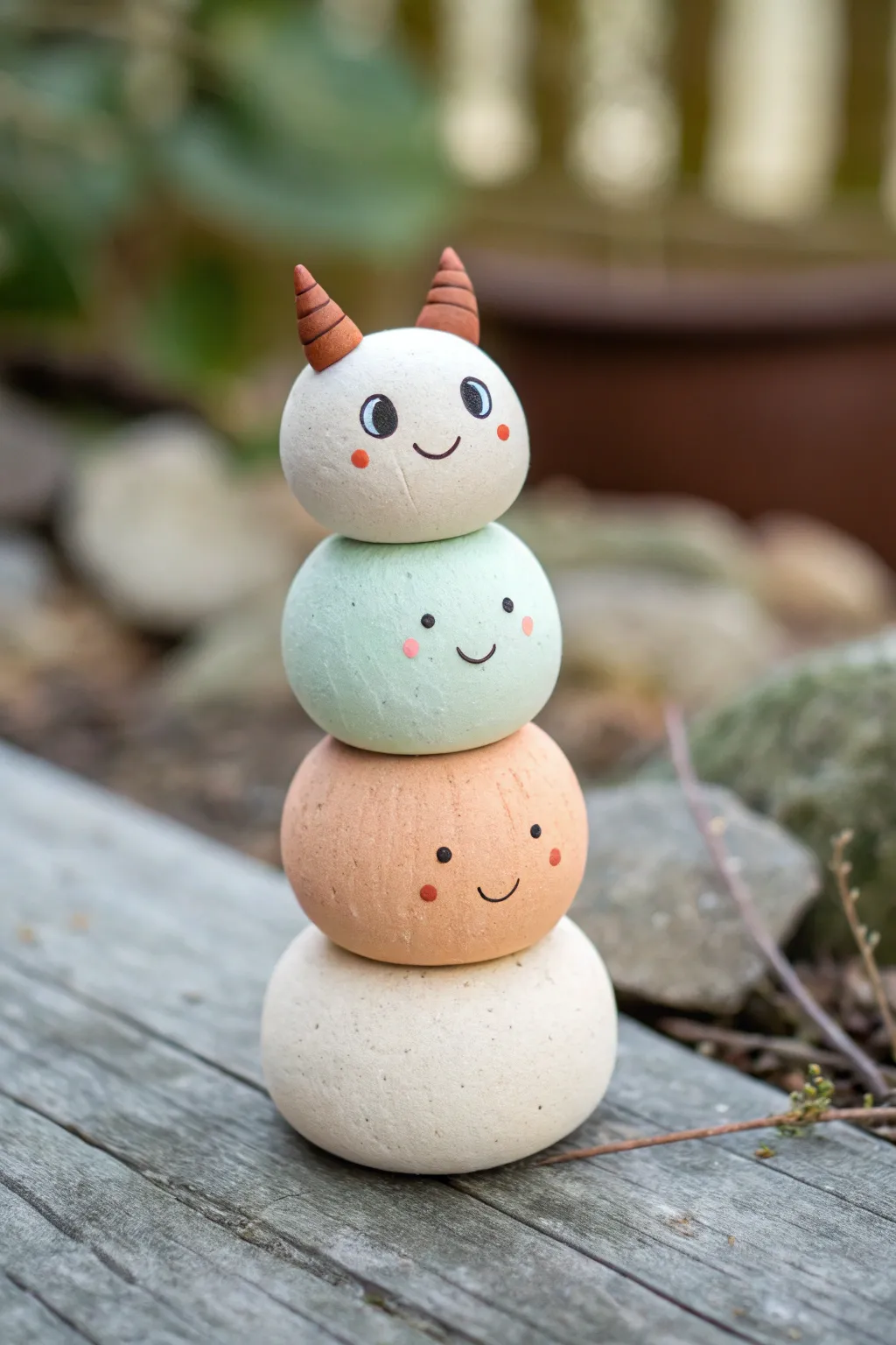 Stacked snowman-style clay monster with bright color blocks and a goofy face, minimalist and cute