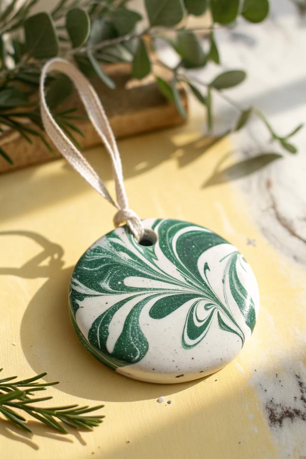 Marbled swirl clay ornament in white and deep green with a simple ribbon for minimalist holiday charm.