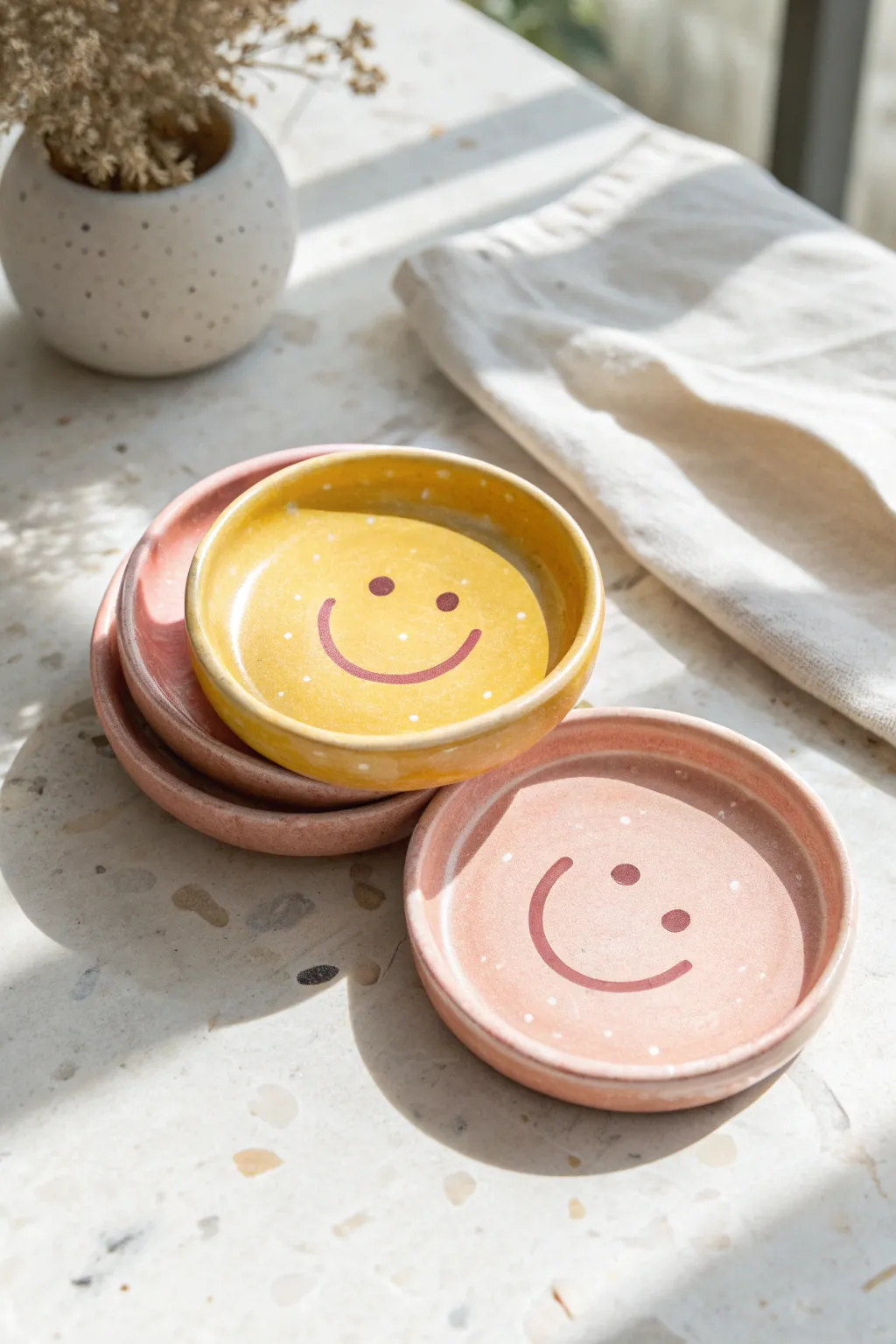 Tiny handmade smiley mini plates in bright glazes, styled minimally on a light tabletop