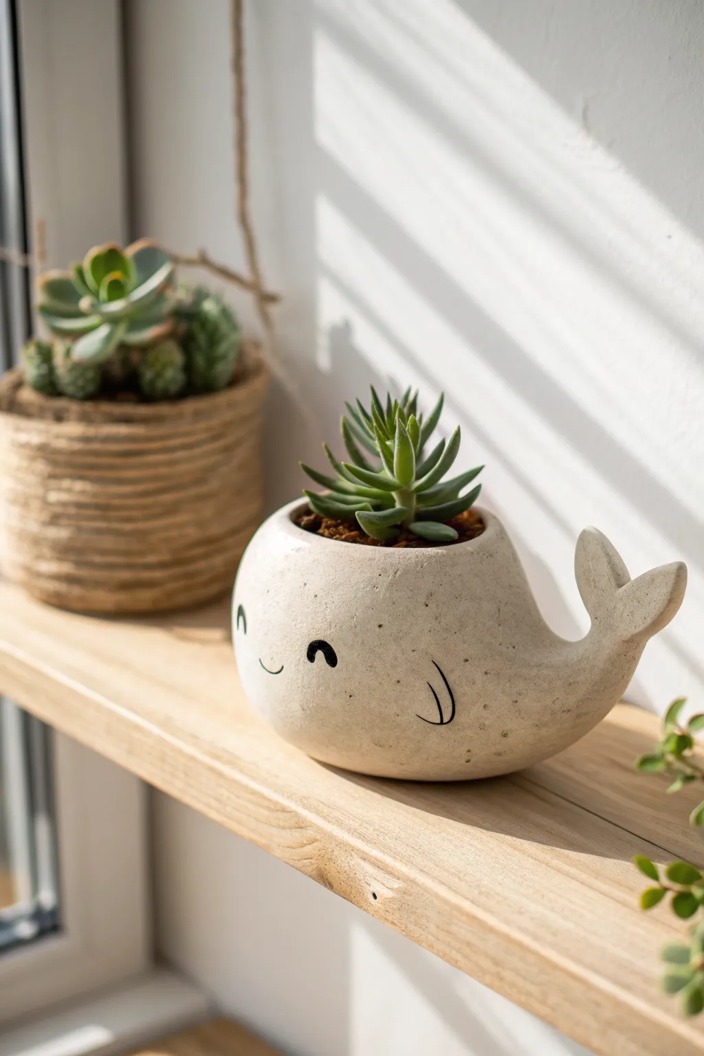 Sweet whale clay pot with a tiny succulent, minimalist Scandinavian look with cozy boho warmth