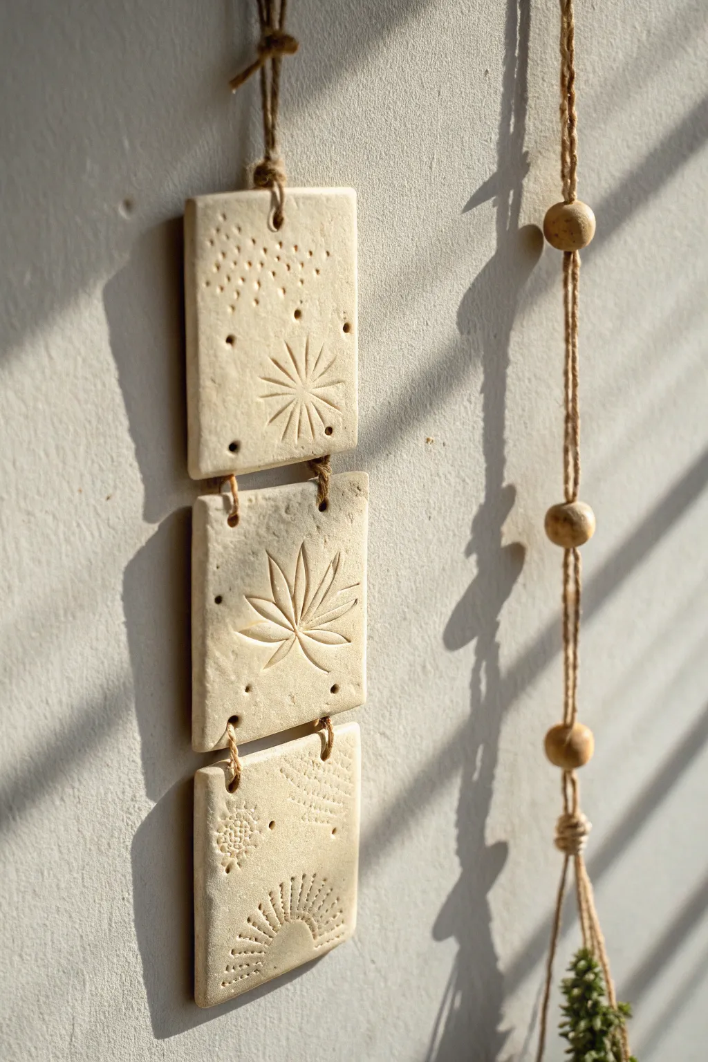 Minimal clay wall tiles with carved lines and dots, strung on linen cord with soft shadows.