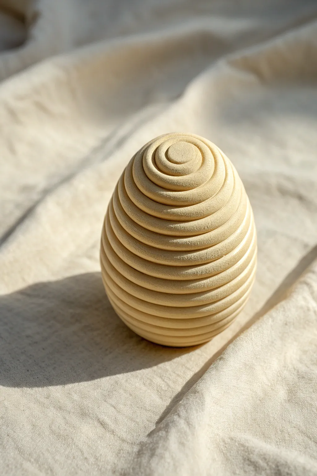 Minimal coiled swirl clay rattle in warm sunlight, sculpted grip spirals and crisp shadow play.