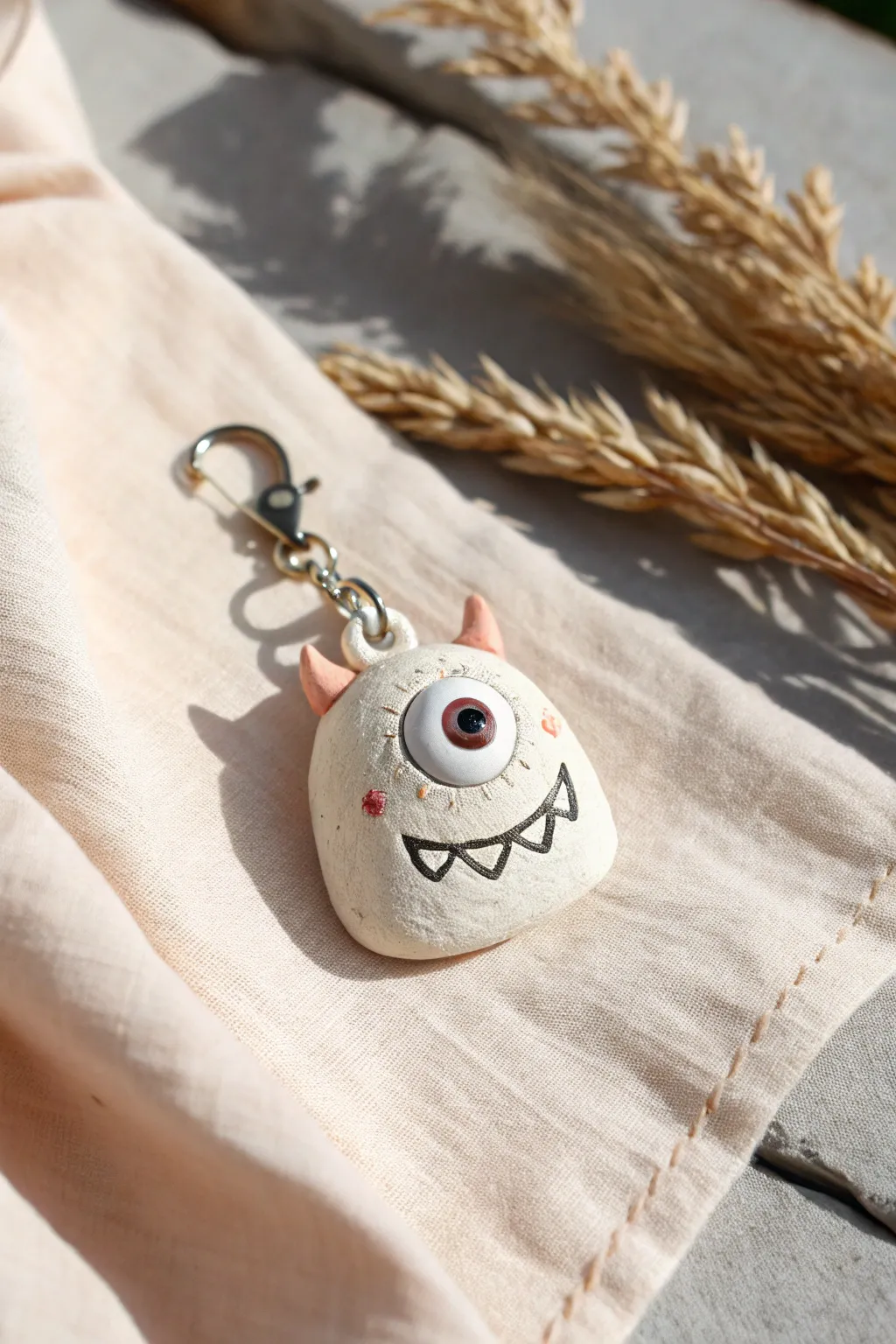 A cute uneven mini monster head charm, beginner-friendly clay sculpture with cozy minimalist vibes