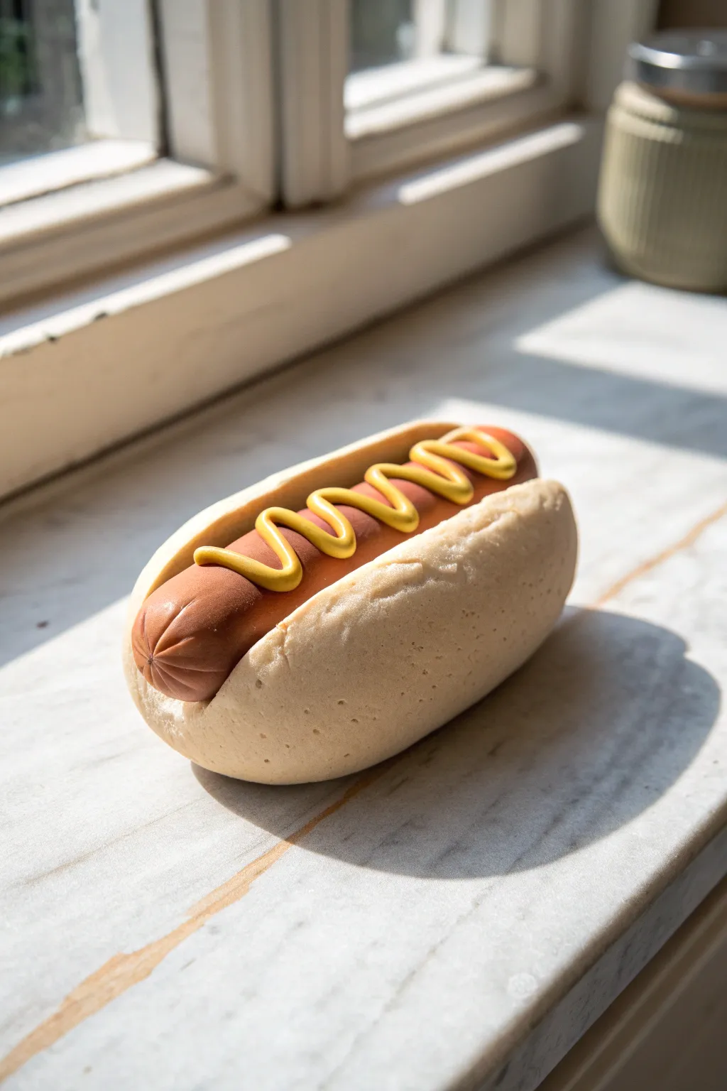 Cute clay hot dog with wavy toppings in calm, modern colors for an easy kid friendly project
