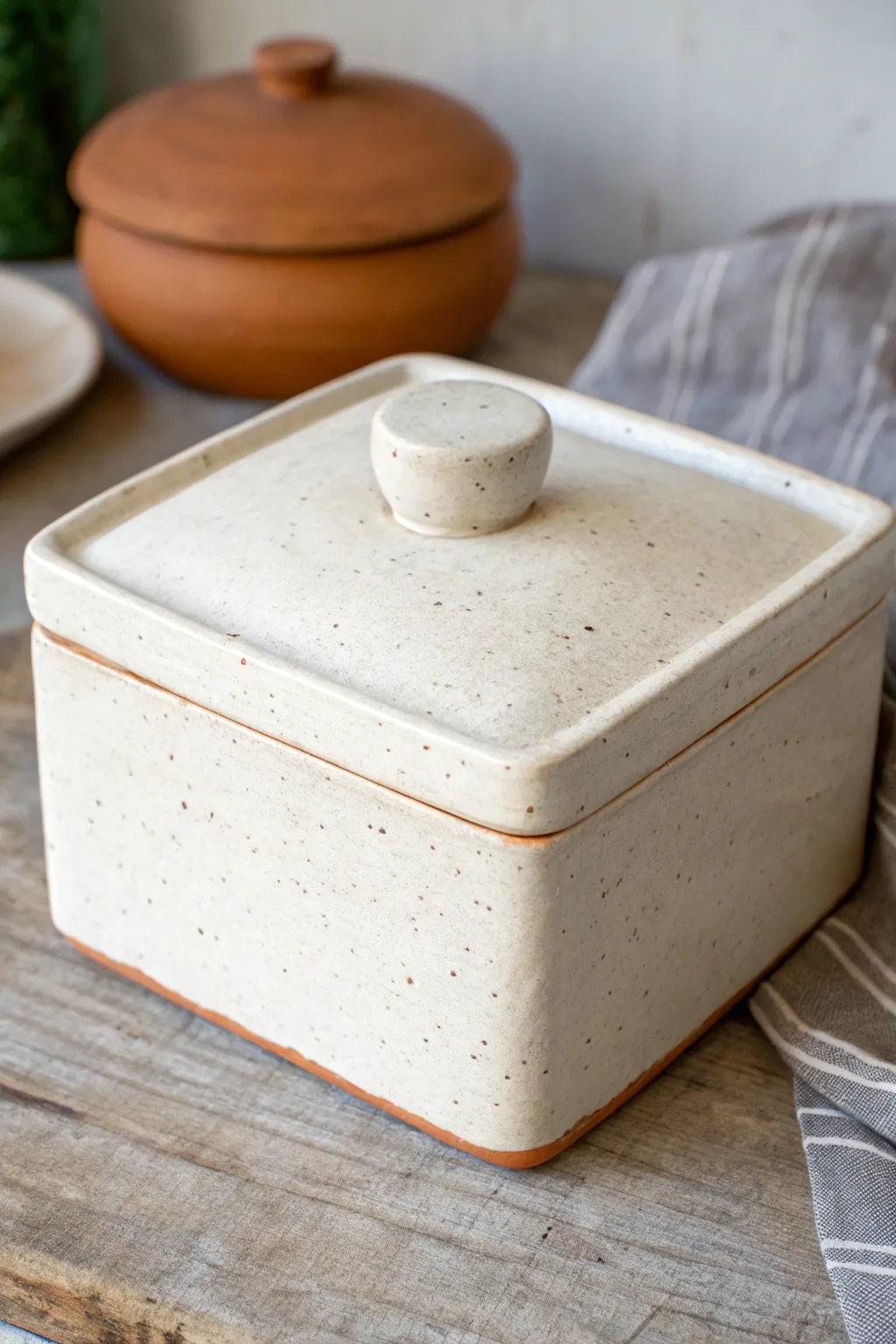 Simple slab box with one bold knob lid handle, minimal glaze, and soft Scandinavian contrast