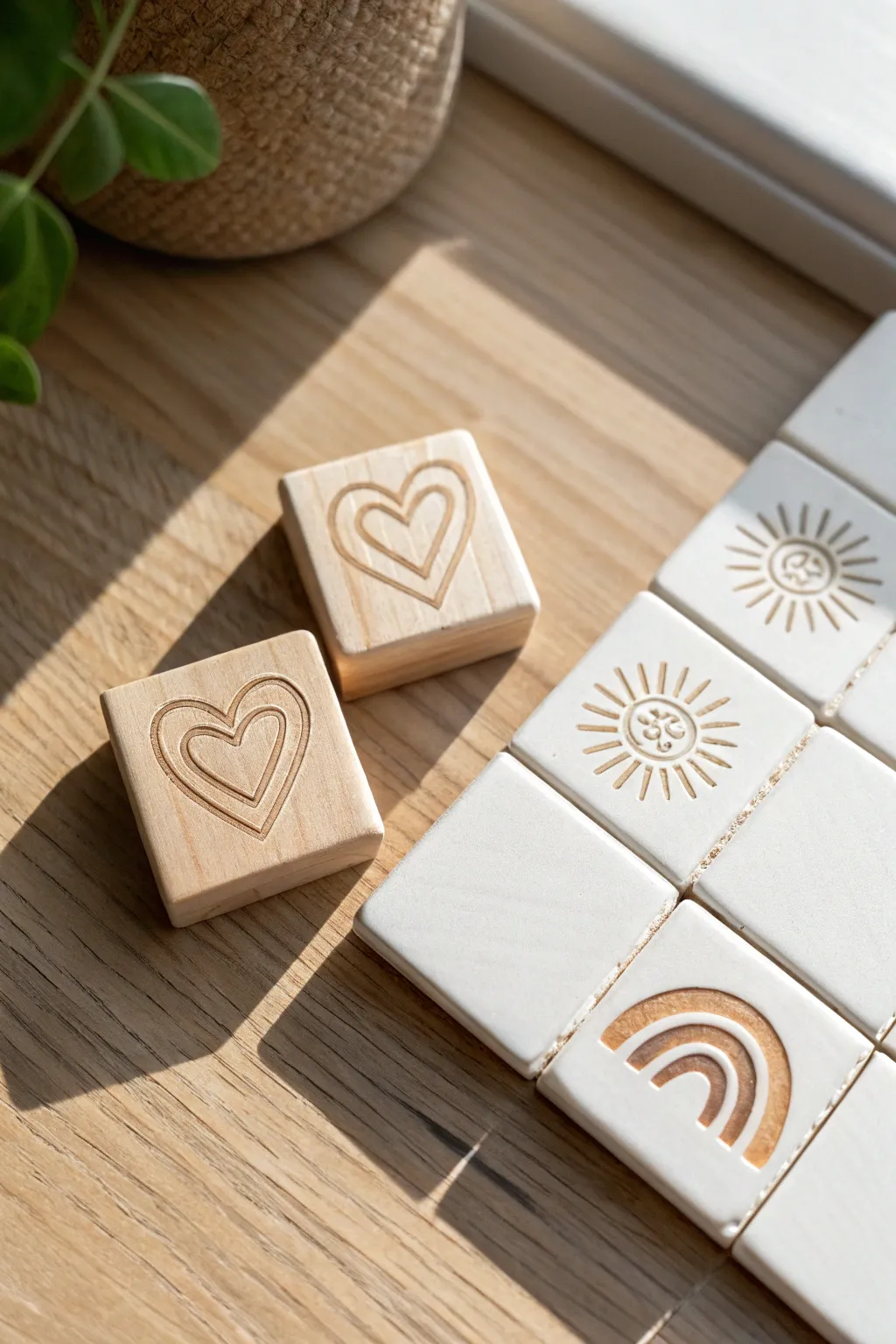 Minimal rubber block stamps beside clean clay tiles, showing simple heart, arc, and line impressions