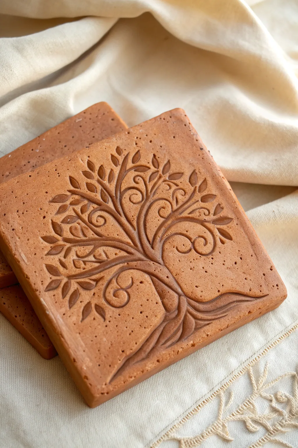 Simple Tree of Life coil tile with bold relief texture, earthy minimal style and cozy boho warmth.