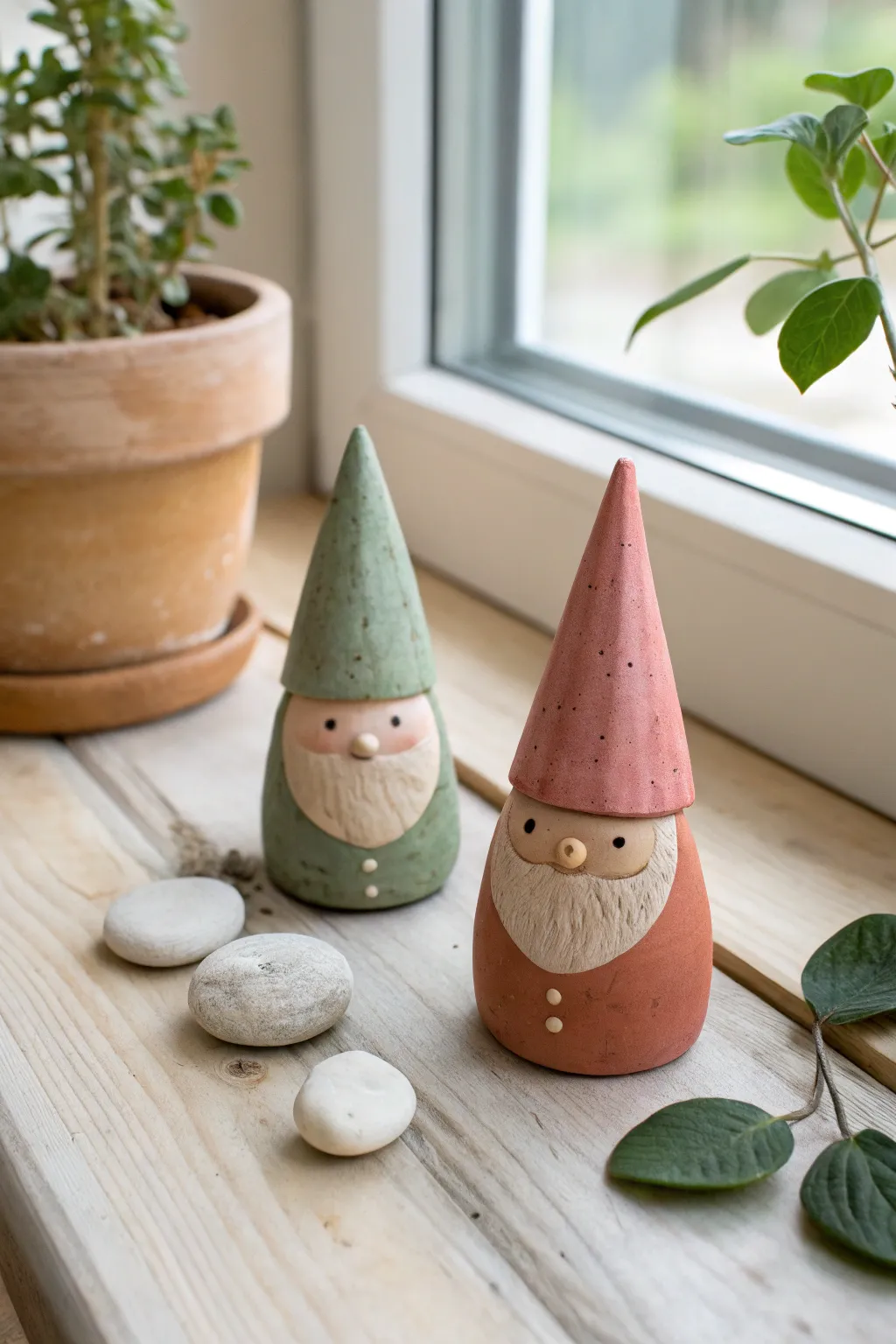 Pocket-sized clay gnomes for a tiny fairy garden, simple shapes and bold, kid-friendly charm.