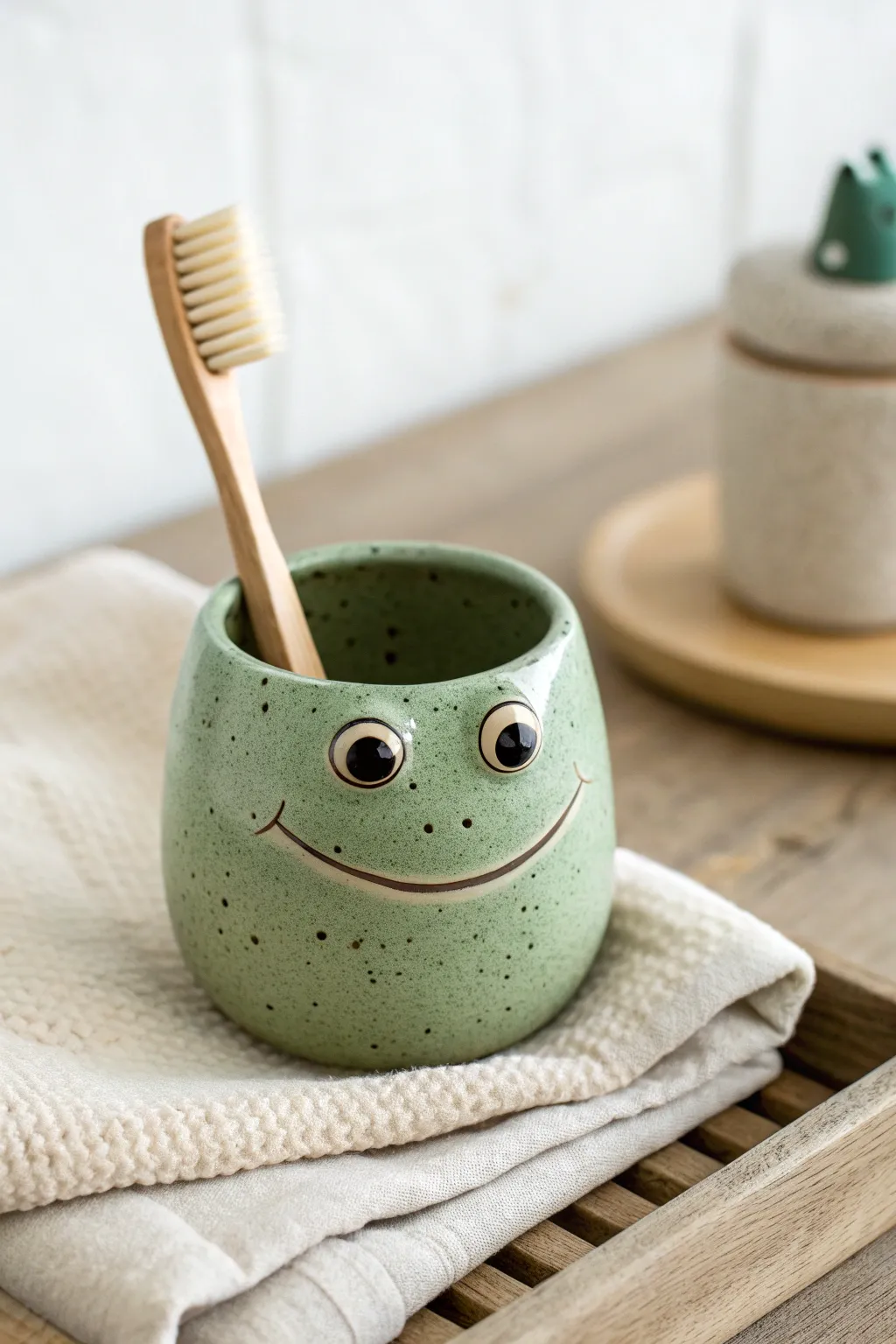 Cute chunky frog toothbrush cup with a big smile, minimalist boho styling and soft natural light