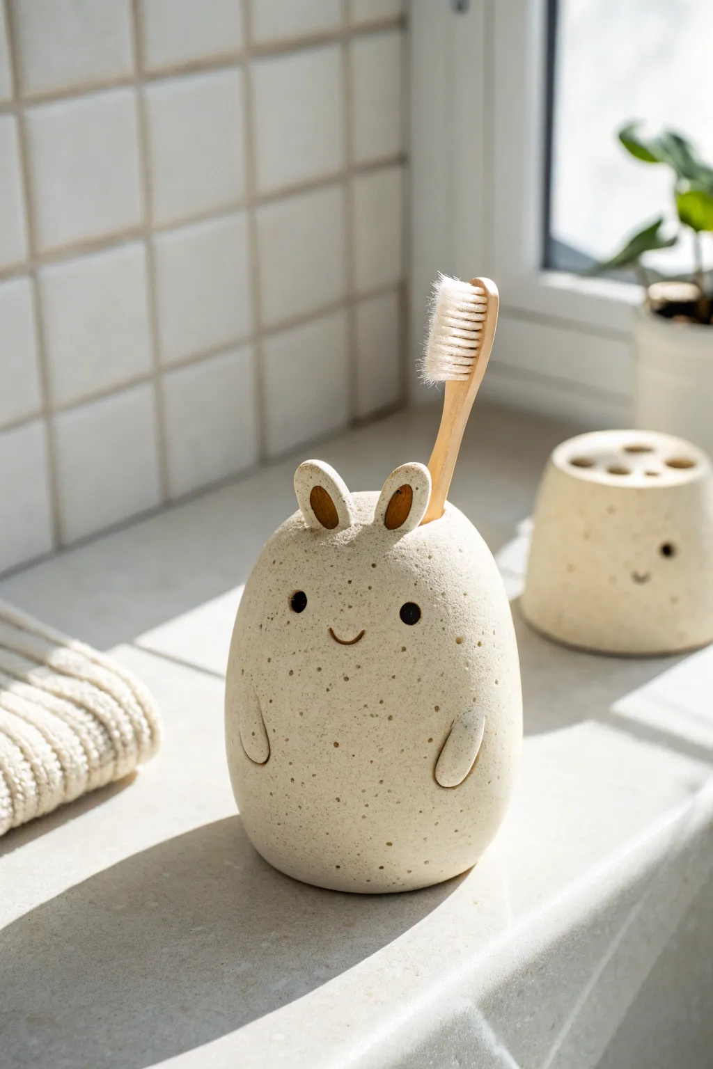 Cute DIY clay toothbrush holder in a friendly blob shape, minimalist, boho, and bathroom-ready.
