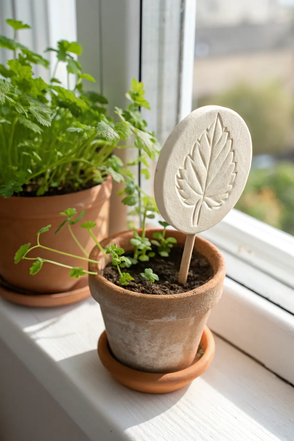 Simple air-dry clay herb marker on a sunny windowsill, minimalist and handmade charm.