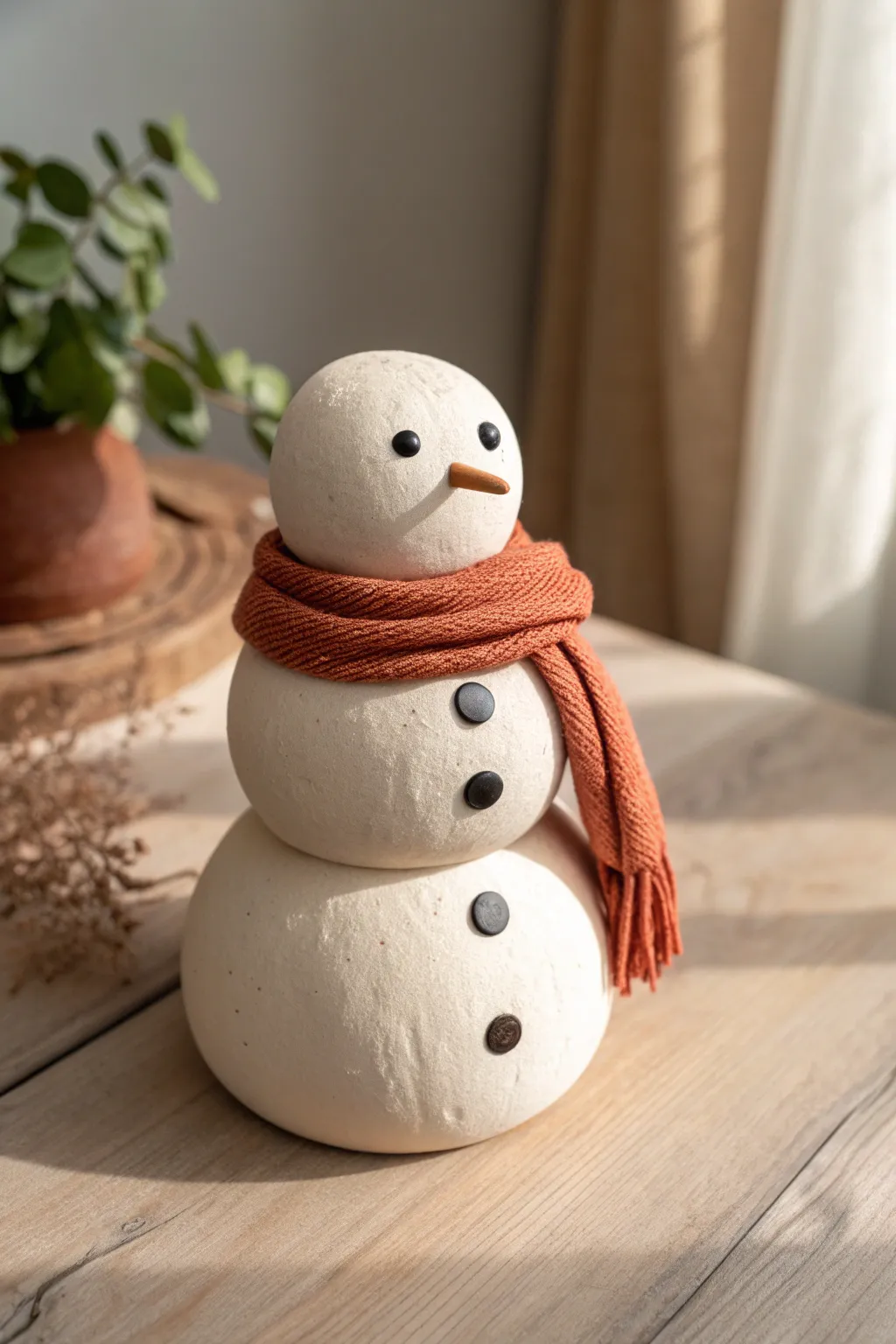 Beginner friendly stacked clay snowman with simple scarf and dot buttons, minimalist winter charm