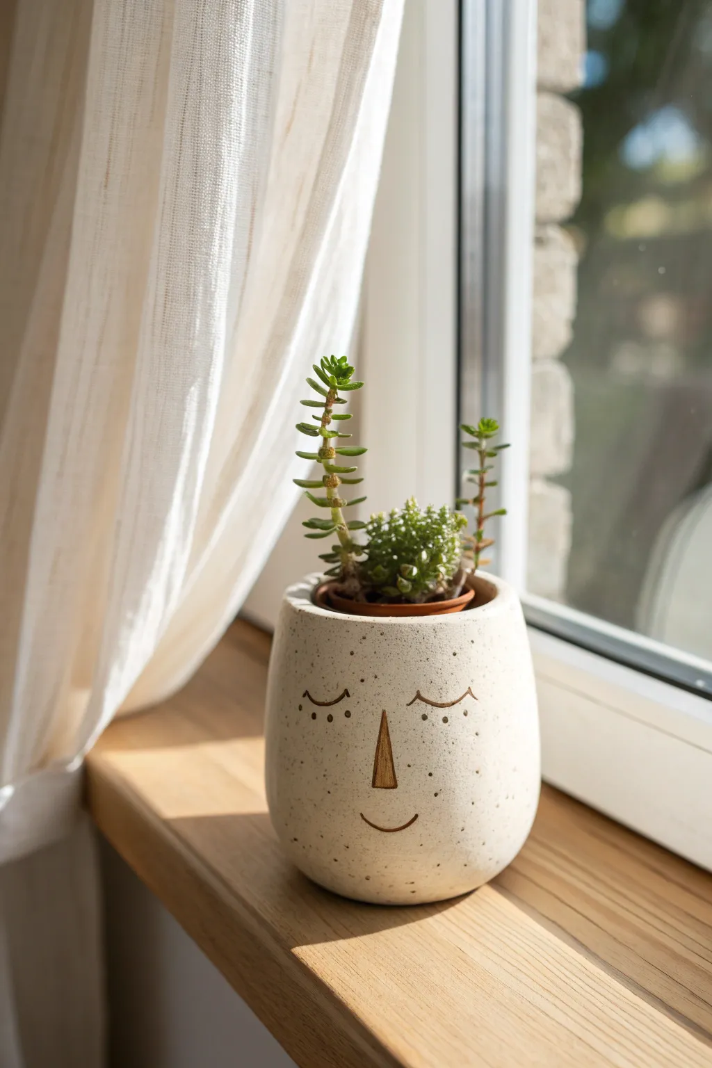 Tiny clay face planter with leafy hair on a sunny windowsill, minimal and boho-calm