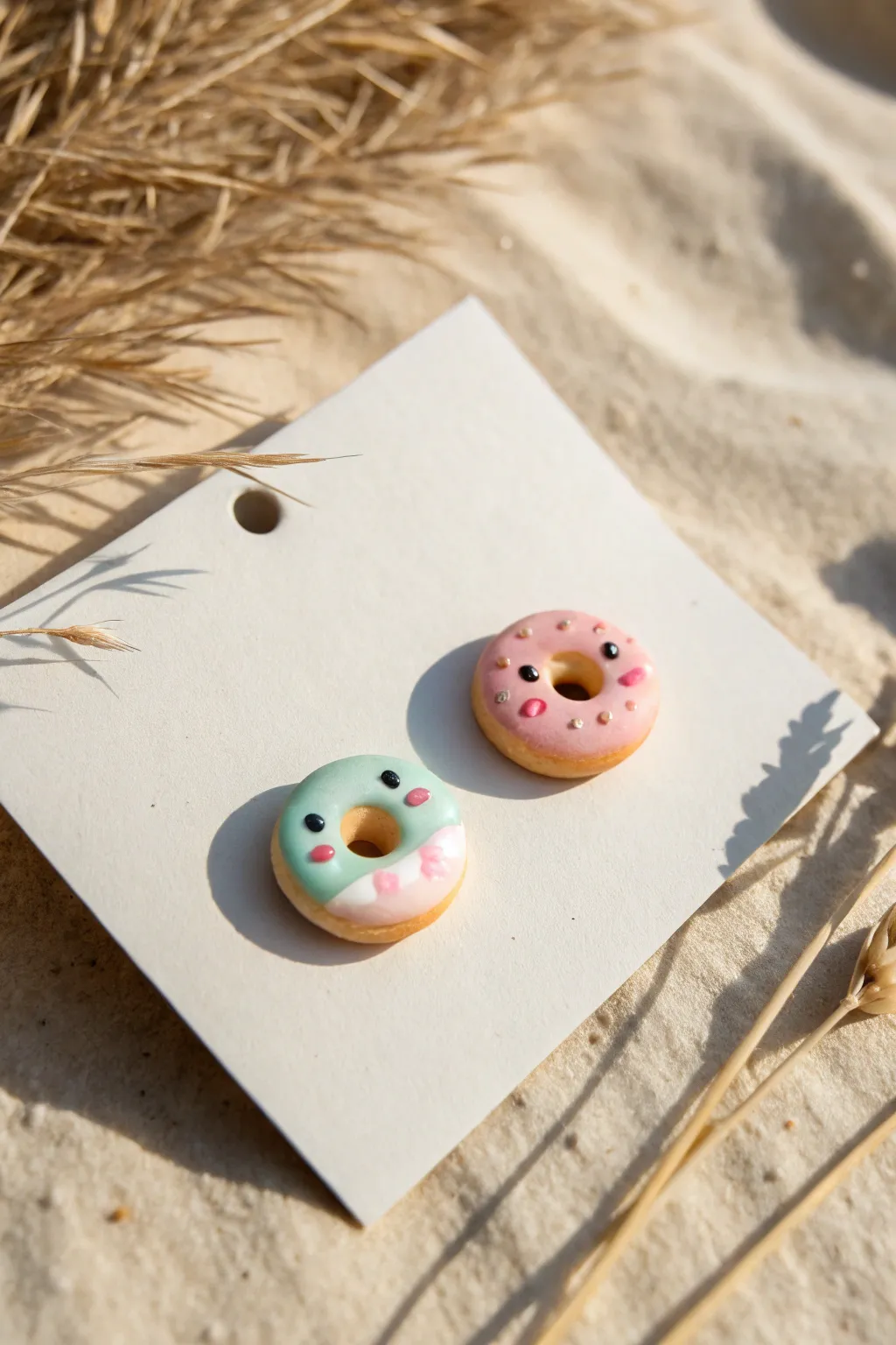 Mini donut clay studs with simple icing and tiny faces, a cute beginner friendly jewelry idea
