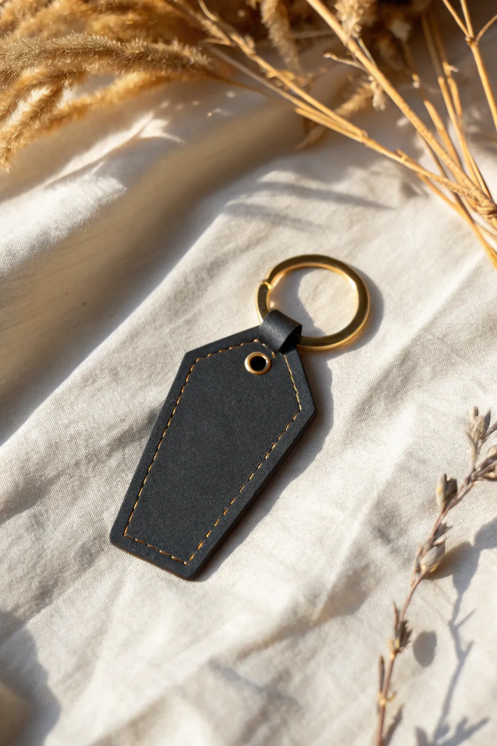 Minimalist coffin-shaped polymer clay keychain tag in matte black, perfect for easy Halloween crafts.