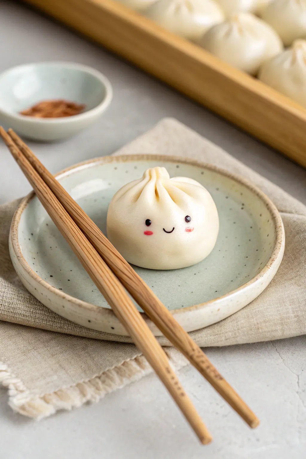 Cute kawaii dumpling chopstick rest in soft clay, minimal Scandinavian styling, cozy boho vibe.