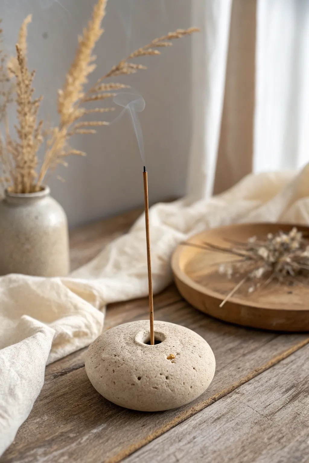 Minimal pebble incense holder in warm clay tones, a tiny calming project with Scandinavian ease.