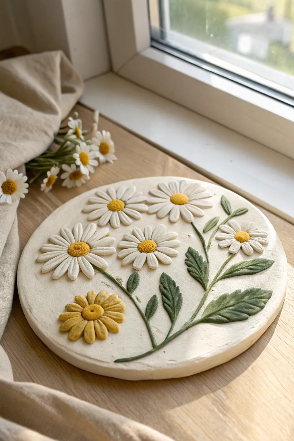 Simple clay daisies and leaves in bright colors, styled minimal on a neutral surface