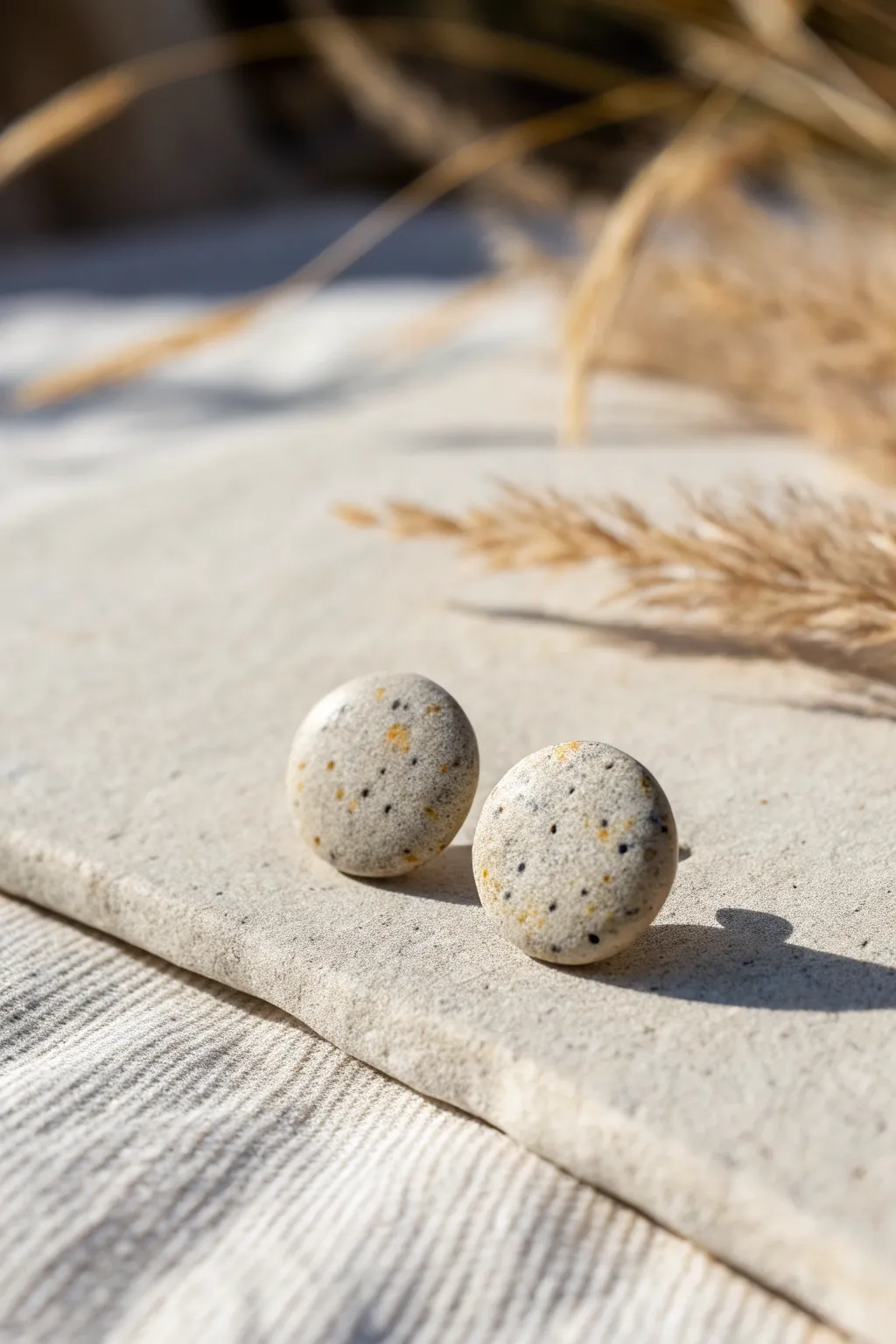 Faux stone pebble polymer clay studs in soft speckled neutrals for a calm, earthy look