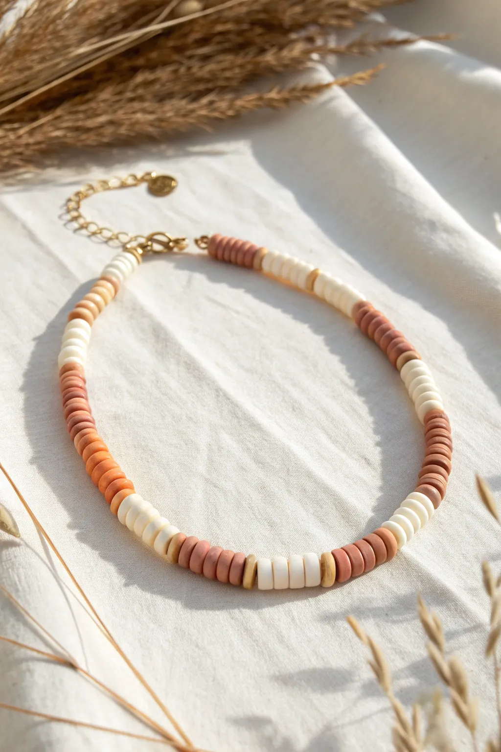 Soft two-tone flat disk bead anklet in an airy minimalist style, simple, handmade, and wearable.