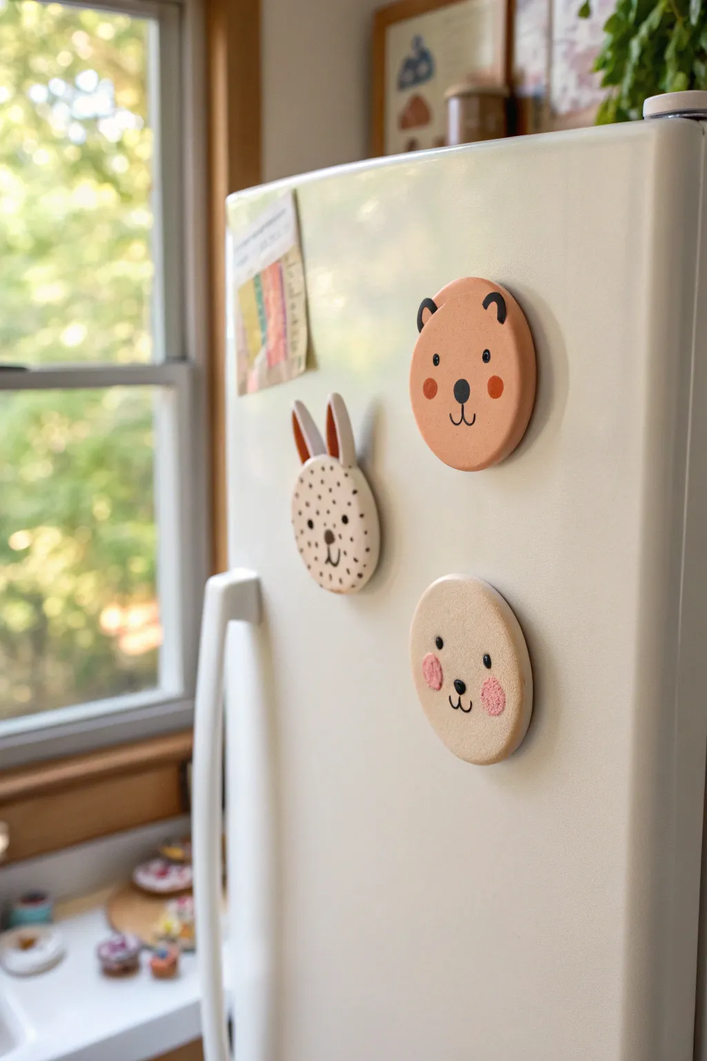 Minimal animal face polymer clay magnets in soft neutrals, perfect beginner fridge decor.
